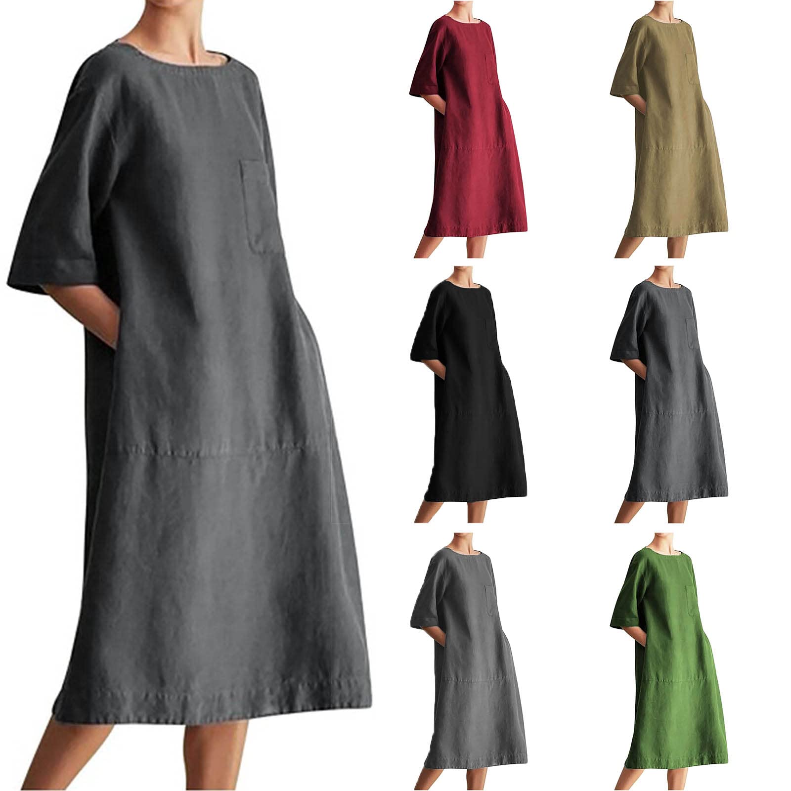Women's Cotton Linen Midi Dress - Casual Short Sleeve Shirt Dress with Loose Fit for Summer | Perfect for Beach, Office, and Everyday Wear