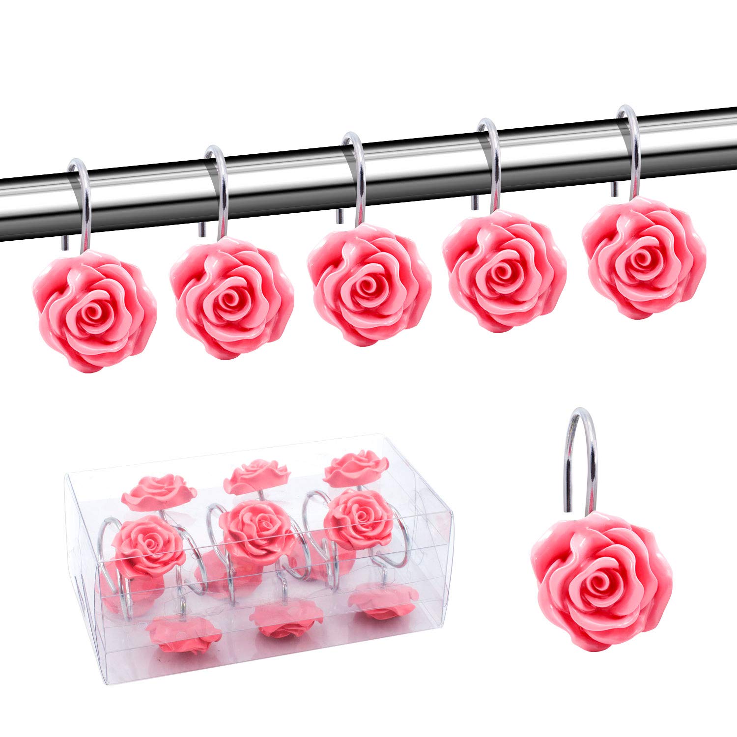 BEAVO Rustproof Resin Rose Flower Shower Curtain Hooks - Set of 12 Pink Bathroom Hooks for Shower Rods & Curtains | Elegant Home Decor for Bathroom, Guest Room & Spa Style Showers