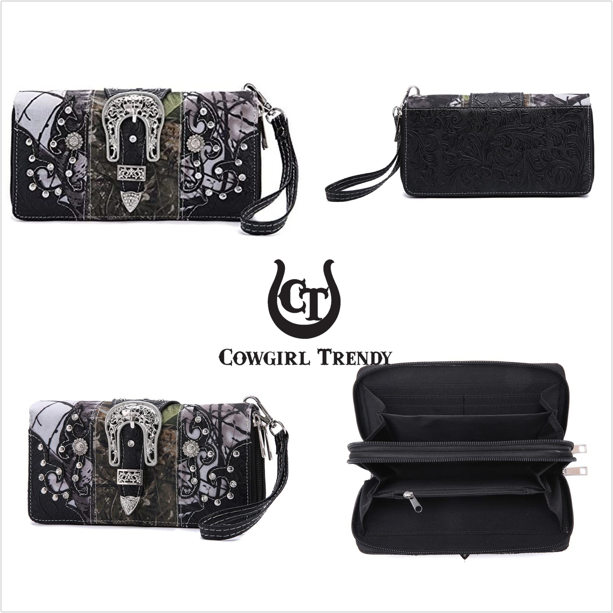 Western Style Camouflage Crossbody Handbag with Concho Buckle & Floral Tooling - Women's Shoulder Purse with Studs & Matching Wallet Set - Perfect for Country Concerts, Rodeos & Western Fashion Outfits