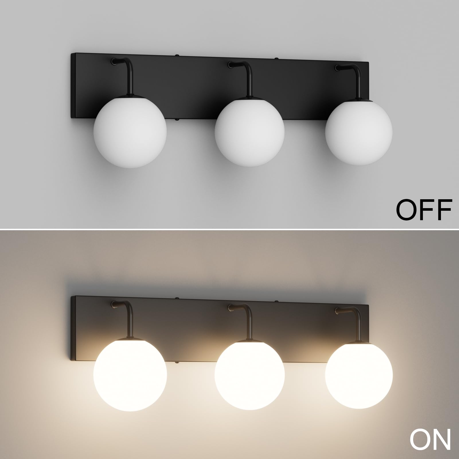 Tipace 3-Light Modern Black Bathroom Vanity Light Fixtures - Mid Century Industrial Vanity Lighting with Milk White Glass Globes for Mirror Illumination (Bulbs Not Included) | Perfect for Bathroom Makeover, Spa Lighting, and Modern Home Decor