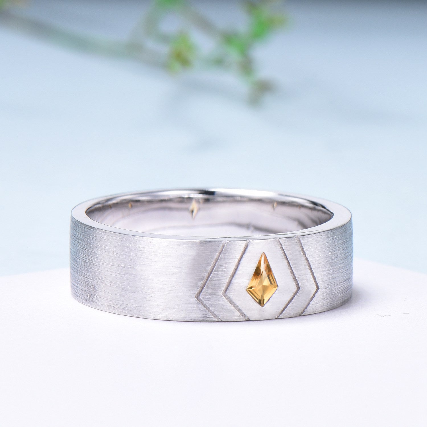 6mm Brushed Finish Men's Wedding Ring - Kite Cut Citrine Silver & White Gold Band - Howl's Ring & Sophie's Ring Matching Set - Perfect Gift for Him - Ideal for Weddings, Anniversaries & Romantic Occasions