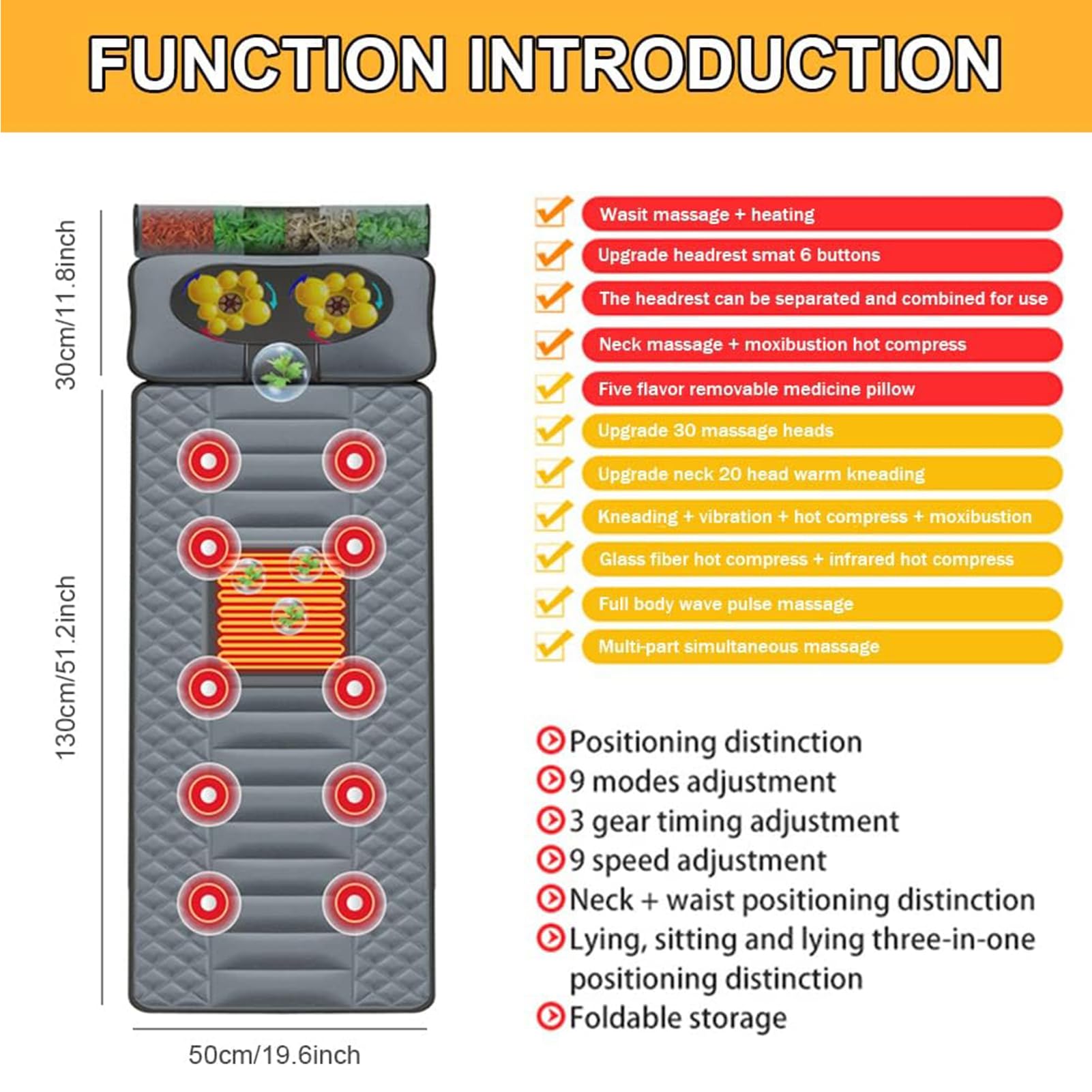 Full Body Massage Mat with Heat - 9 Speed & 3 Timer Modes, Legs Foot Waist Massager, Vibration Massage Mattress Pad for Home/Office Relaxation, Pain Relief & Stress Relief