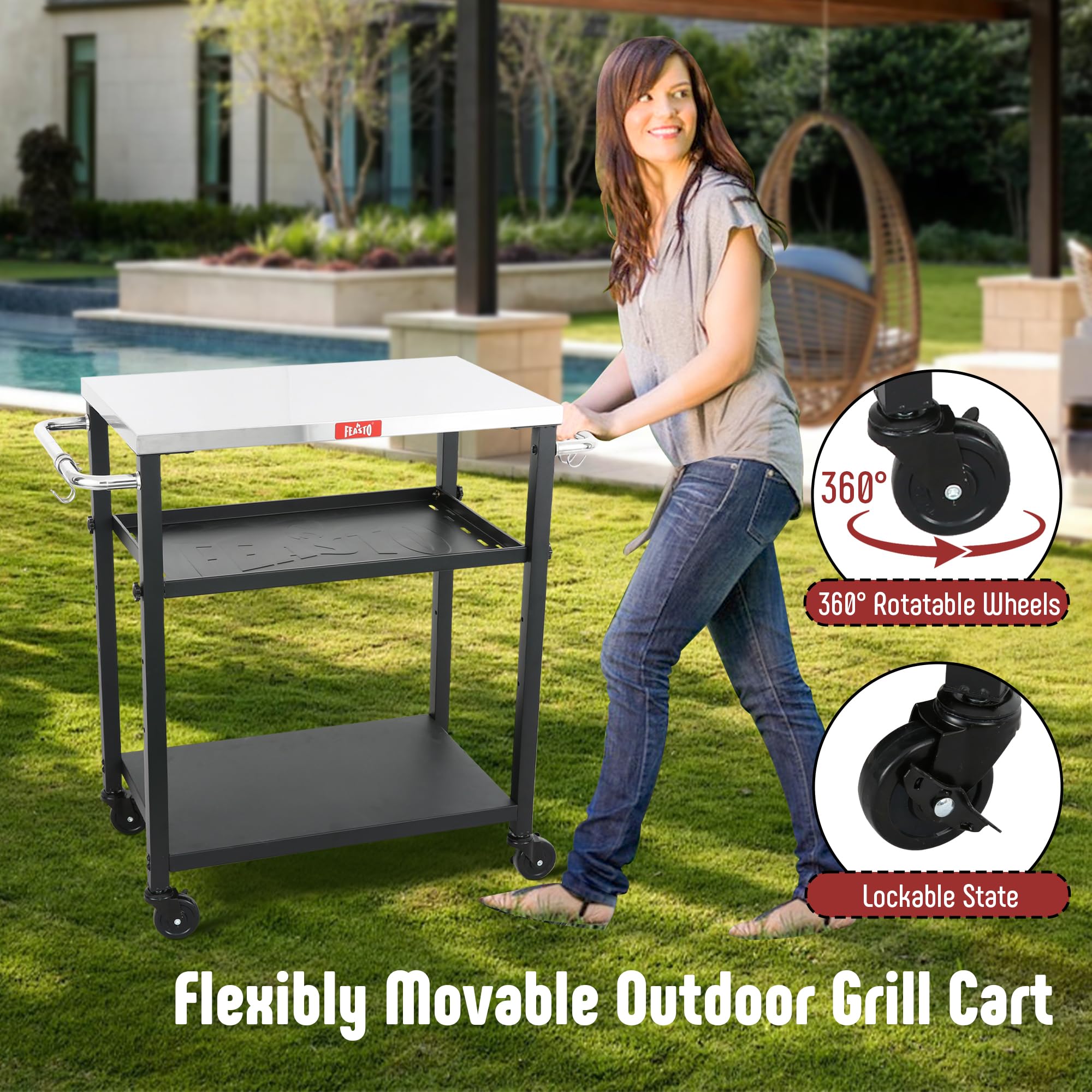 3-Tier Adjustable Grill Cart with Wheels - Stainless Steel Outdoor Pizza Oven Stand & BBQ Table (34