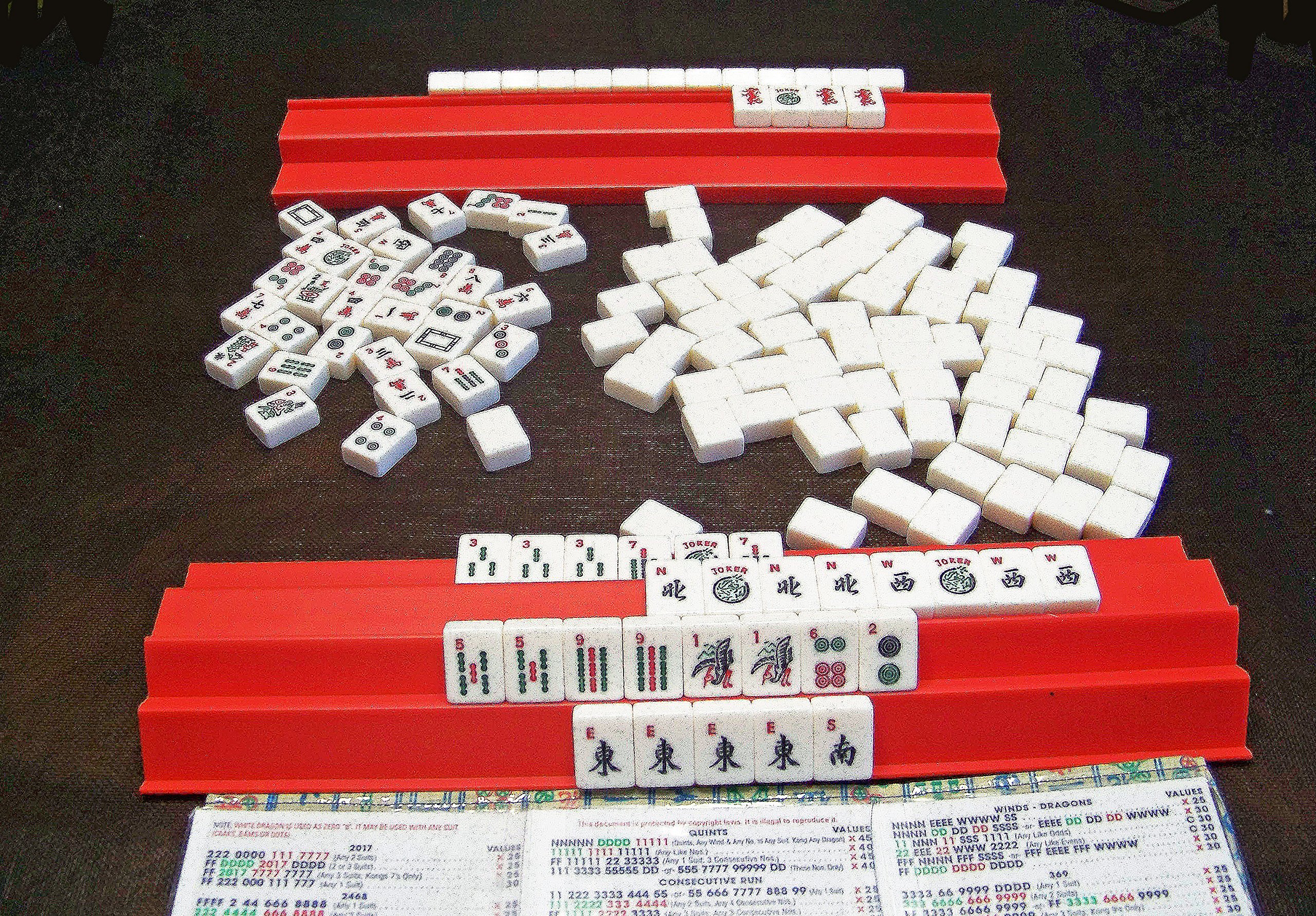 Siamese Mahjong Racks - Set of 4 Red Wooden Tile Holders for Classic Chinese Game | Perfect for Family Game Nights & Casino Parties
