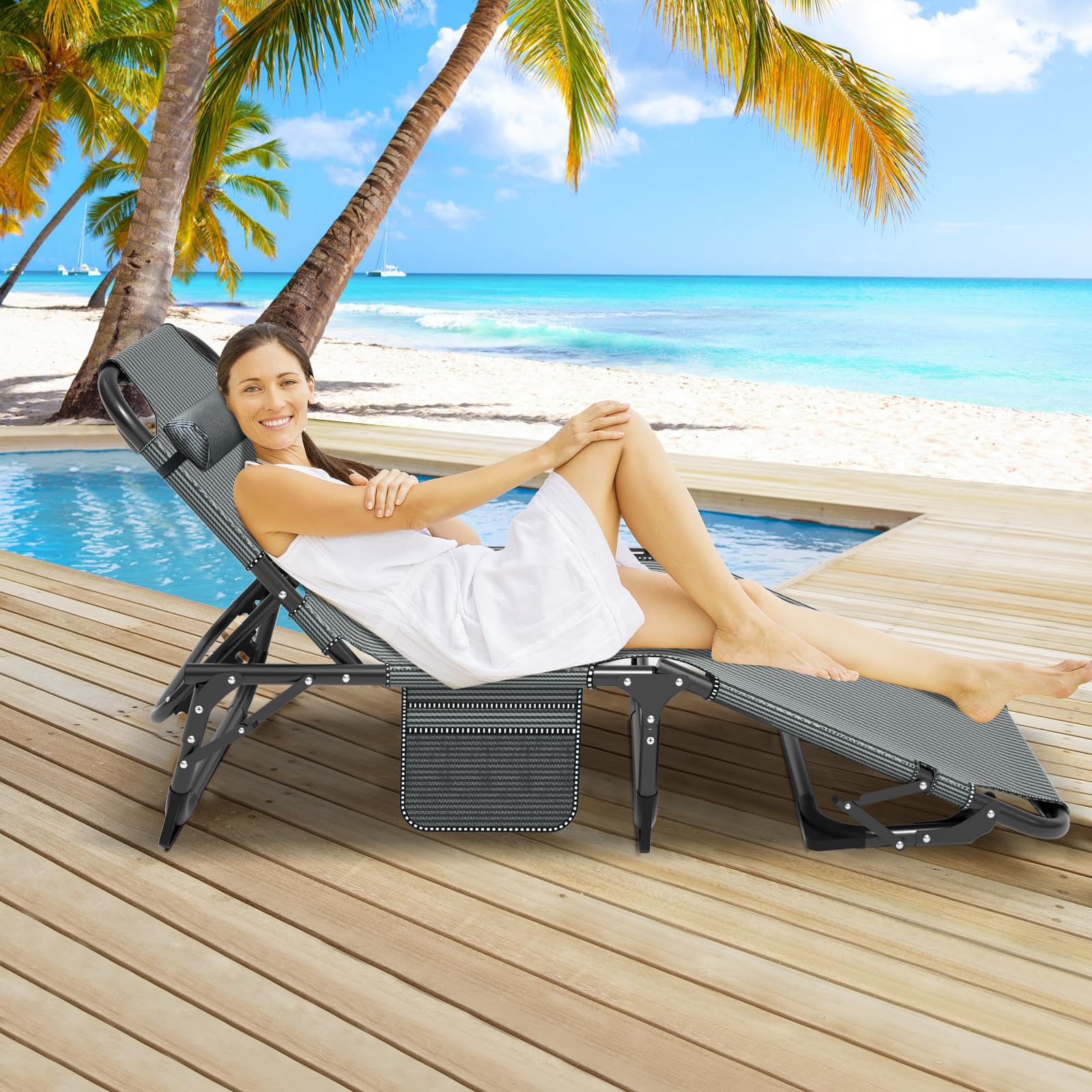 5-Position Reclining Folding Chaise Lounge Chair for Outdoor - Portable Patio Sunbathing Chair for Pool, Beach, Camping & Lawn - Perfect for Adults Tanning, Relaxing & Sleeping