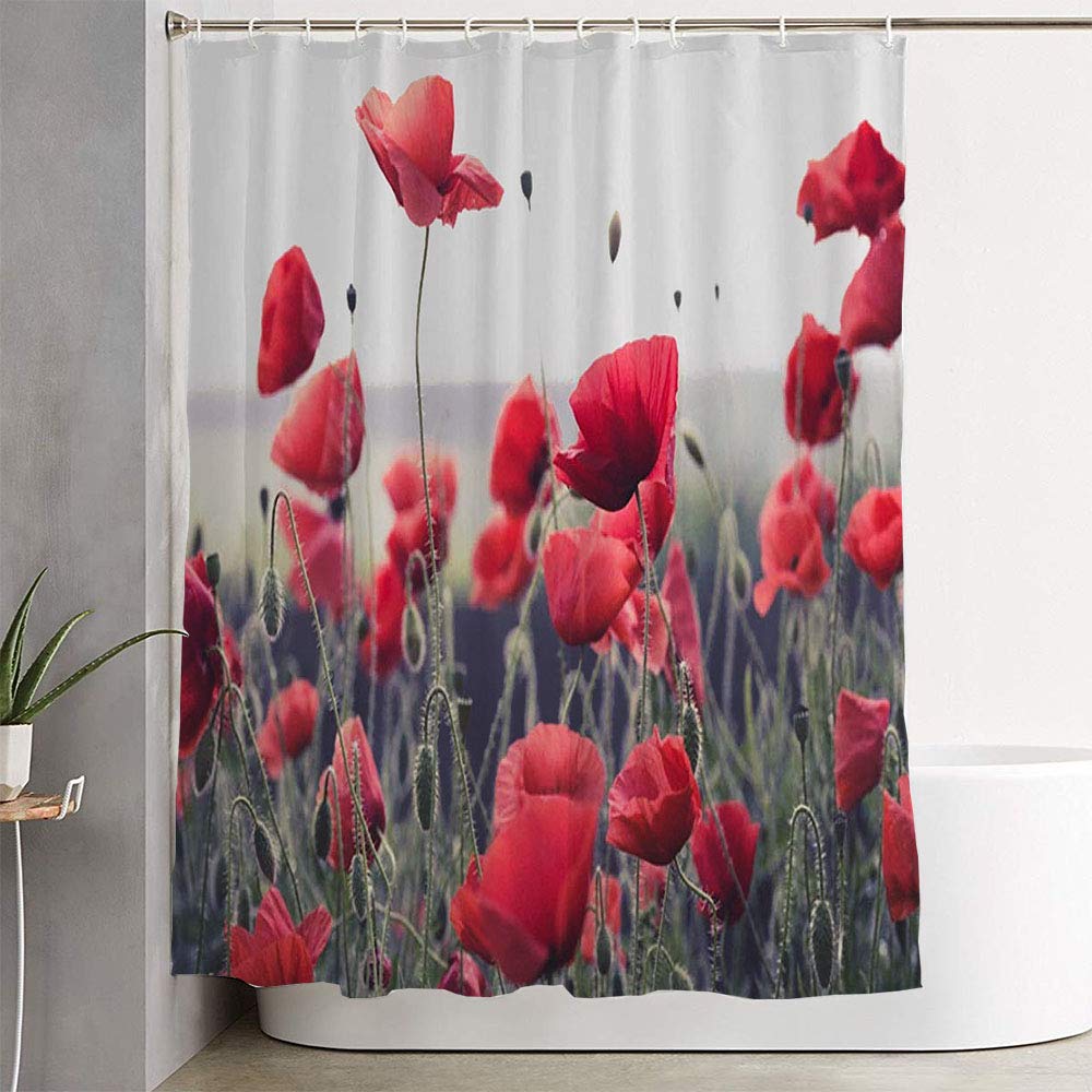 Waterproof Floral Shower Curtain 60x72 Inches - Red Poppy Field Meadow Landscape Design, Bathroom Decor with Nature Inspired Green Textures | Perfect for Farmhouse, Cottage & Boho Style Bathrooms