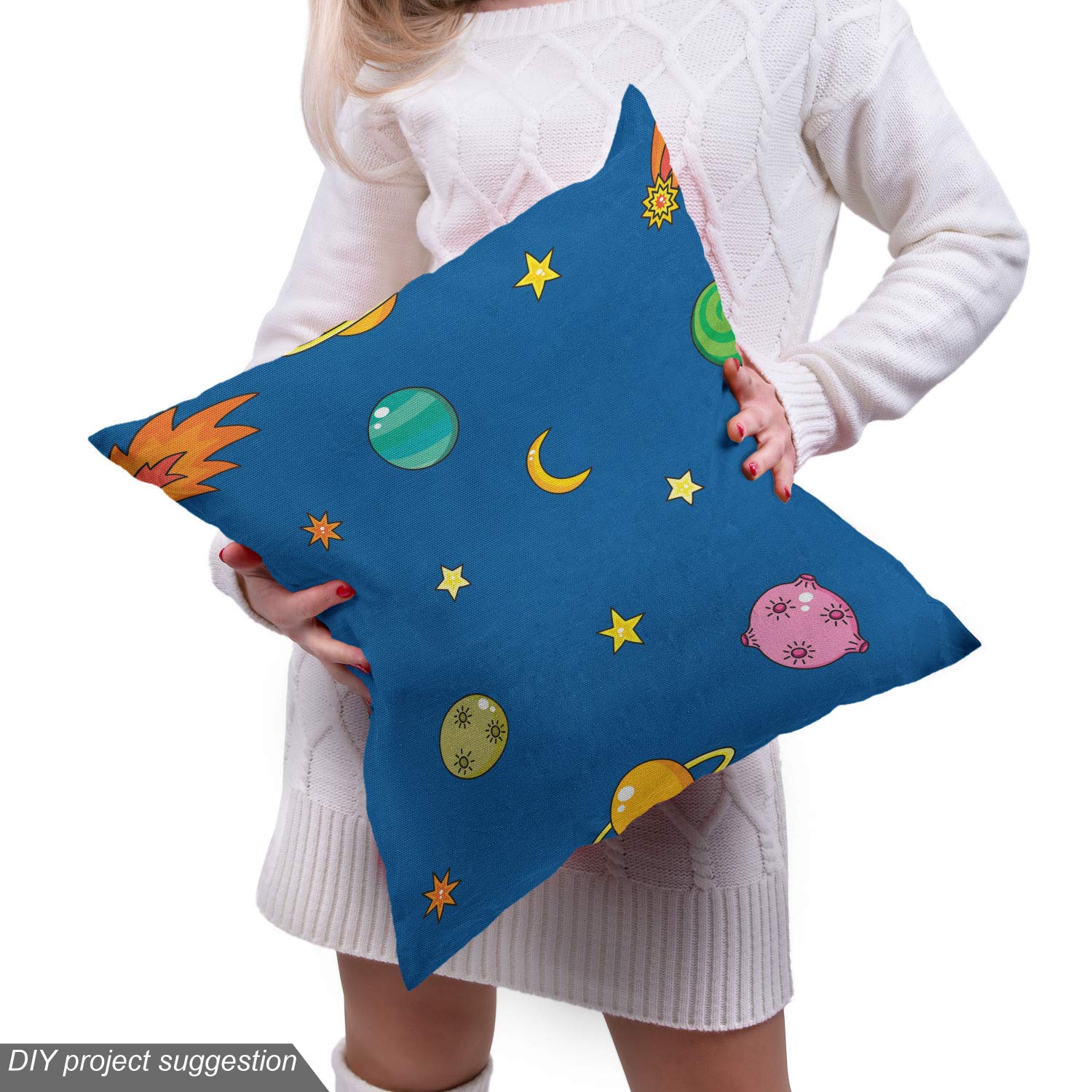 Ambesonne Outer Space Fabric by The Yard - Alien Planets, Shooting Stars, Saturn & Moon Universe Print - Decorative Upholstery Fabric for Sofa, Curtains, Pillows - Perfect for Space Themed Bedroom, Nursery Decor