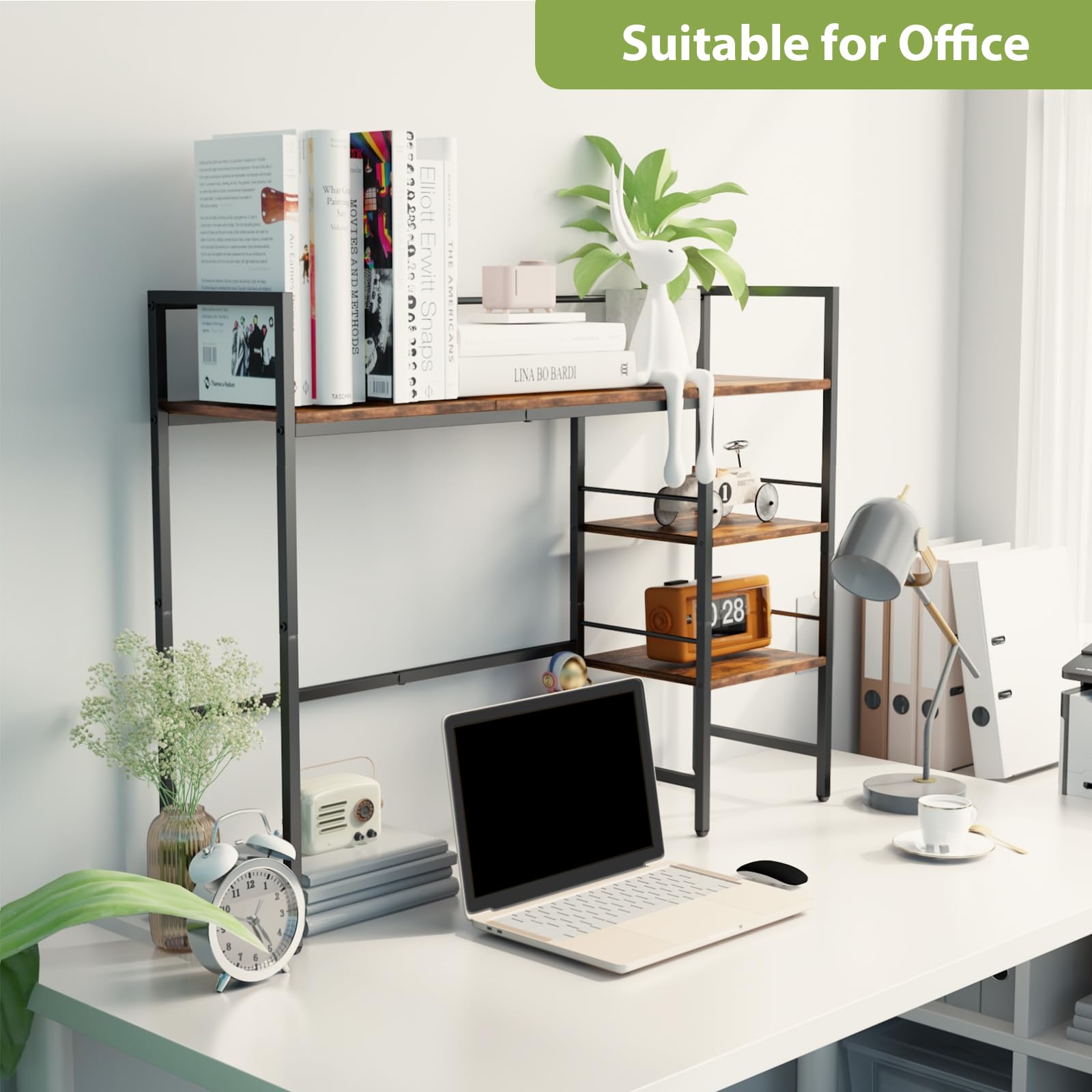 38.5 Inch Adjustable Desk Shelf Organizer - 3 Tier Rustic Computer Monitor Stand & Bookshelf Storage Rack for Office & Home Workspace (Perfect for Monitor Elevation, Book Display & Office Supplies Organization)