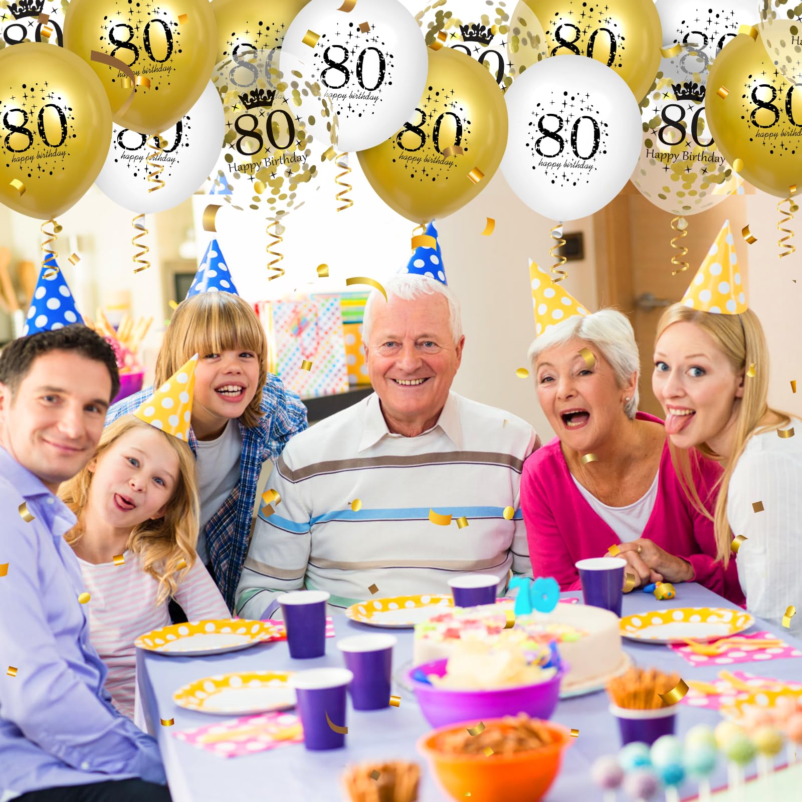 15Pcs White Gold Happy 80th Birthday Balloons - 12 Inch Latex Confetti Balloons for Men & Women - 80th Anniversary Party Decorations - Perfect for Milestone Birthday Celebrations, Retirement Parties & Golden Anniversary Decor
