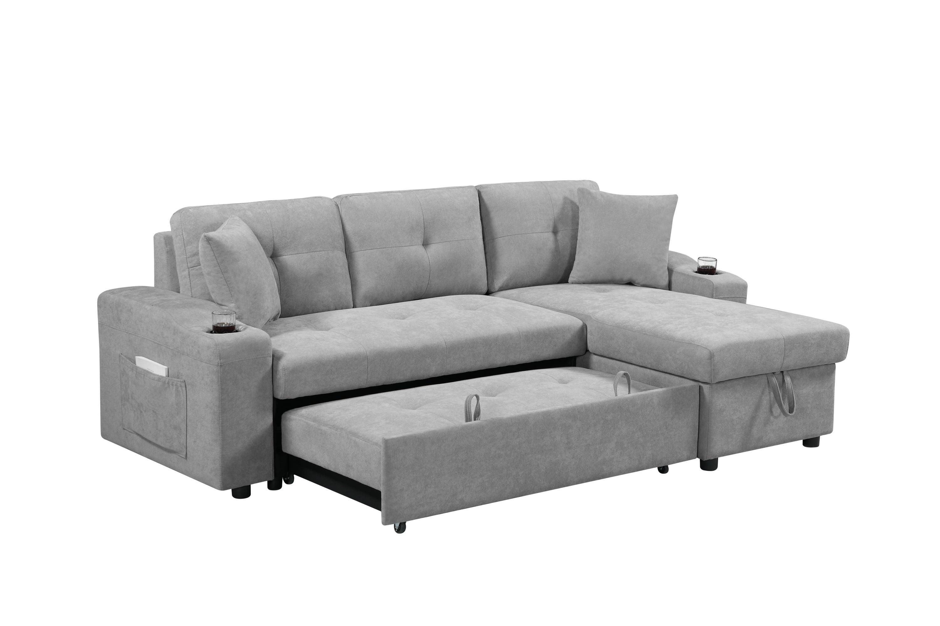 Convertible Corner Sofa with Armrest Storage - Modern Sectional Sofa for Living Room & Apartment, Right Chaise Longue in Grey - Perfect for Small Spaces, Movie Nights & Family Gatherings