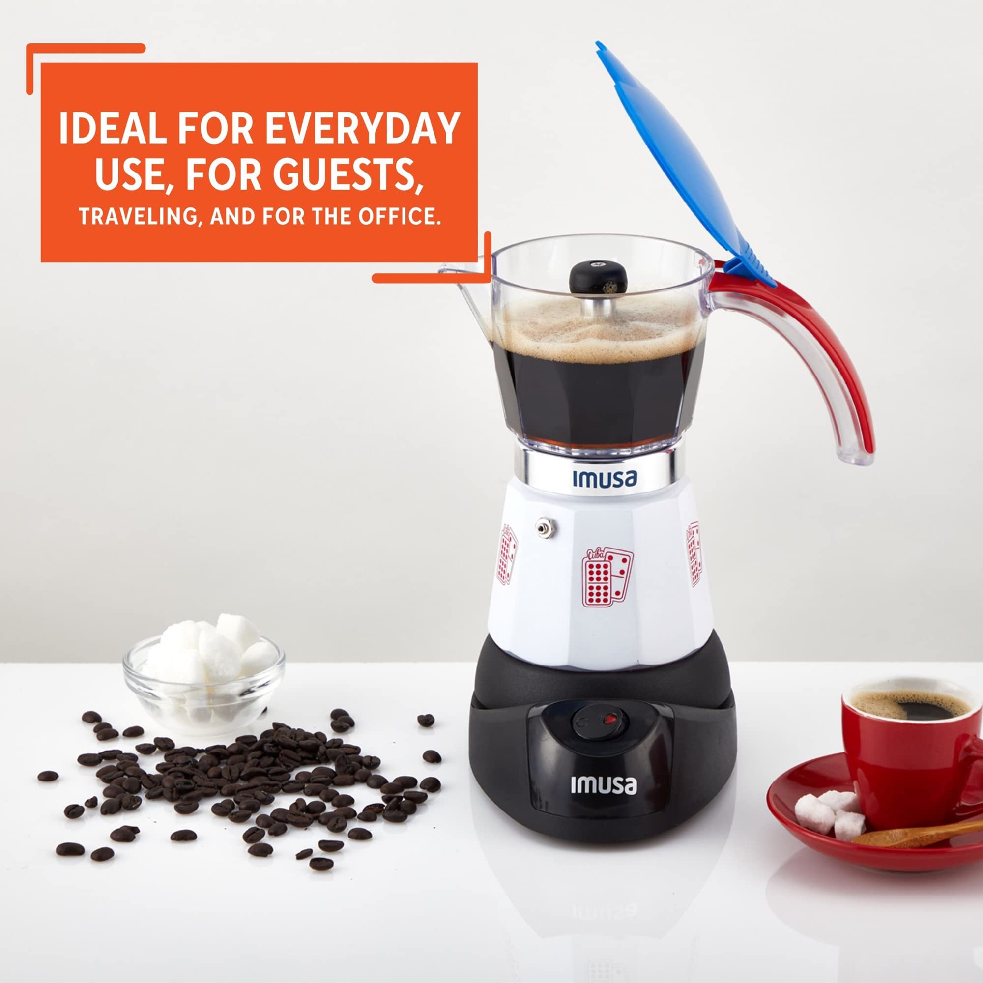 IMUSA Electric Espresso Coffee Maker - 3 or 6 Cup Capacity, Cuba/Domino Themed (White/Red/Blue) - Perfect for Home, Office & Entertaining Guests