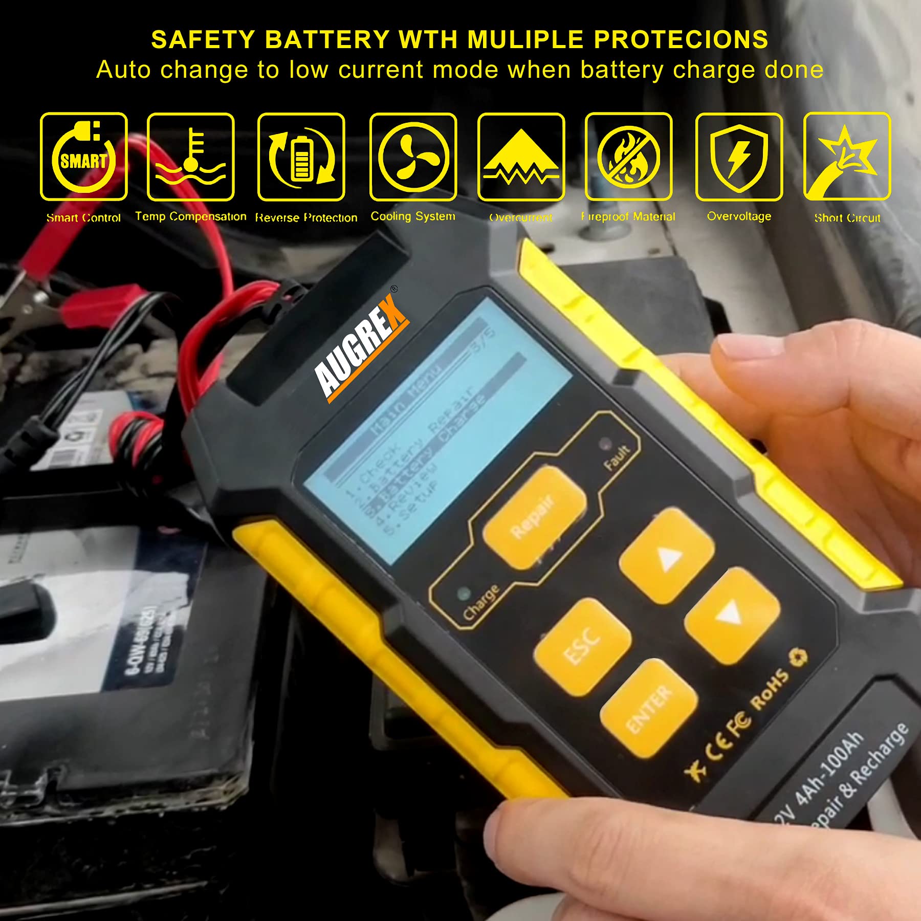 12V Car Battery Tester & Smart Charger - 4Ah-100Ah Auto Repair for Cars, Boats, RVs