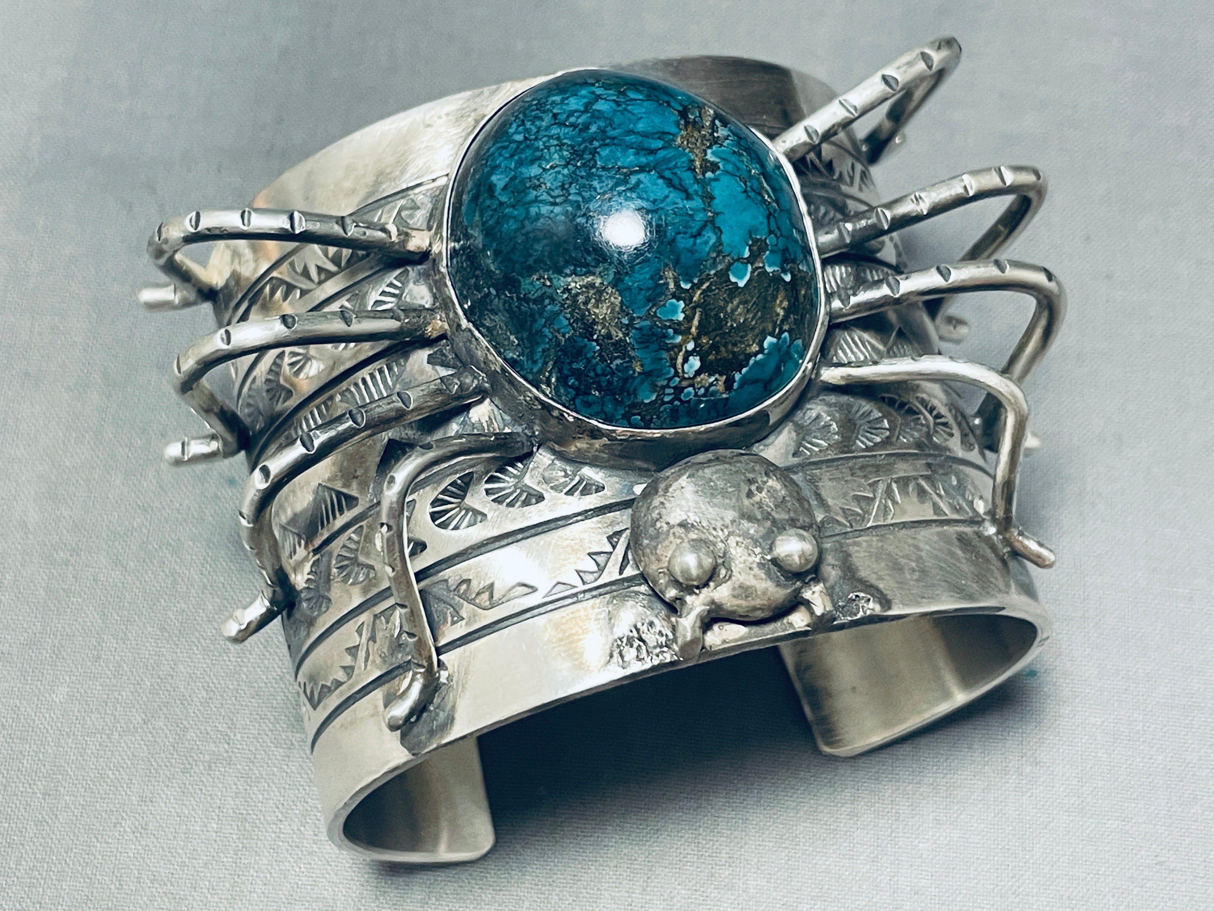 179 Grams Navajo Sterling Silver Spider Bracelet - Authentic Native American Turquoise Jewelry for Women, Boho Chic Fashion Accessory for Casual Wear & Special Occasions