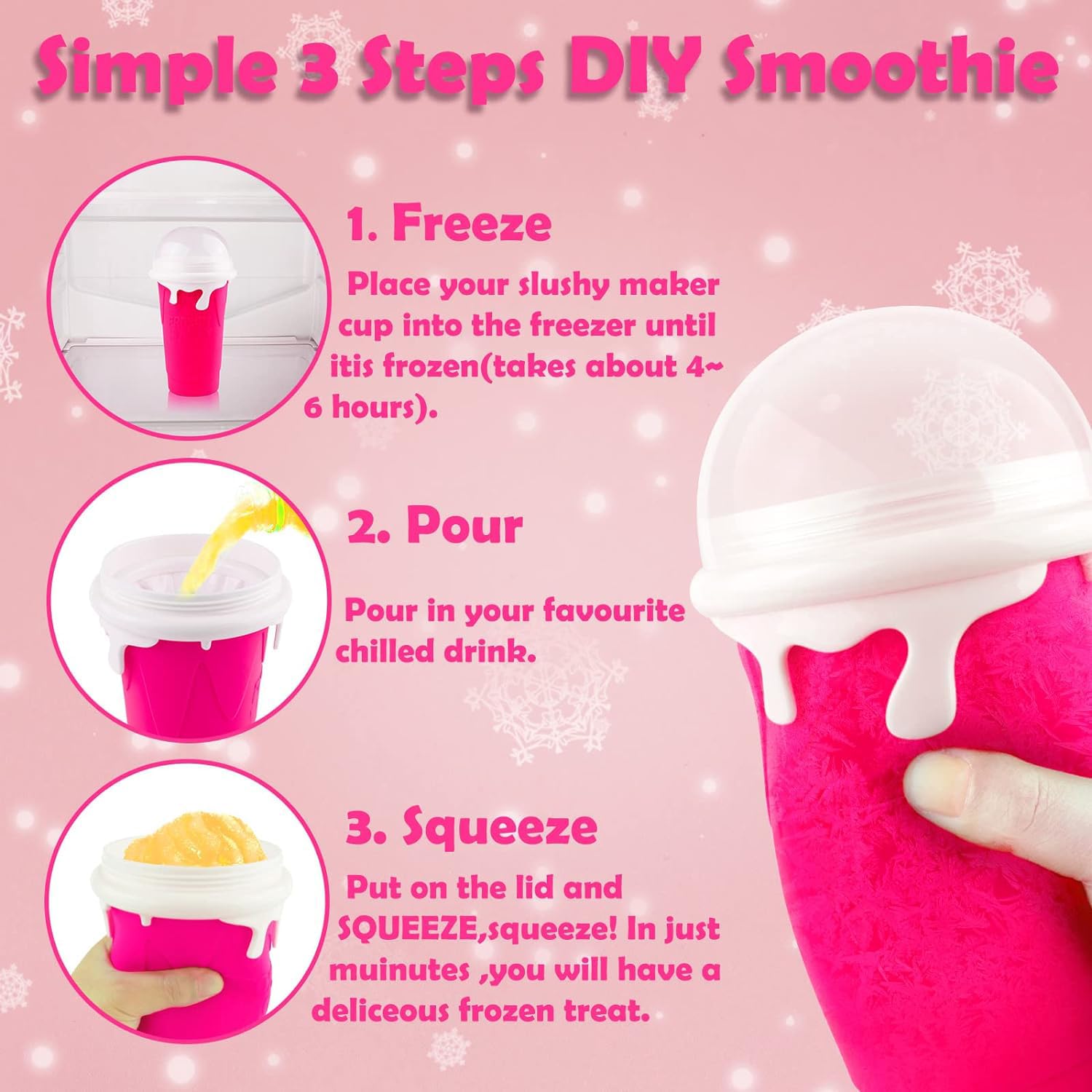 ALINK Silicone Slushy Maker - Quick Frozen Slushie Machine for Homemade Frappes (Pink) | Perfect for Summer Parties, Kids Treats & DIY Frozen Drinks at Home