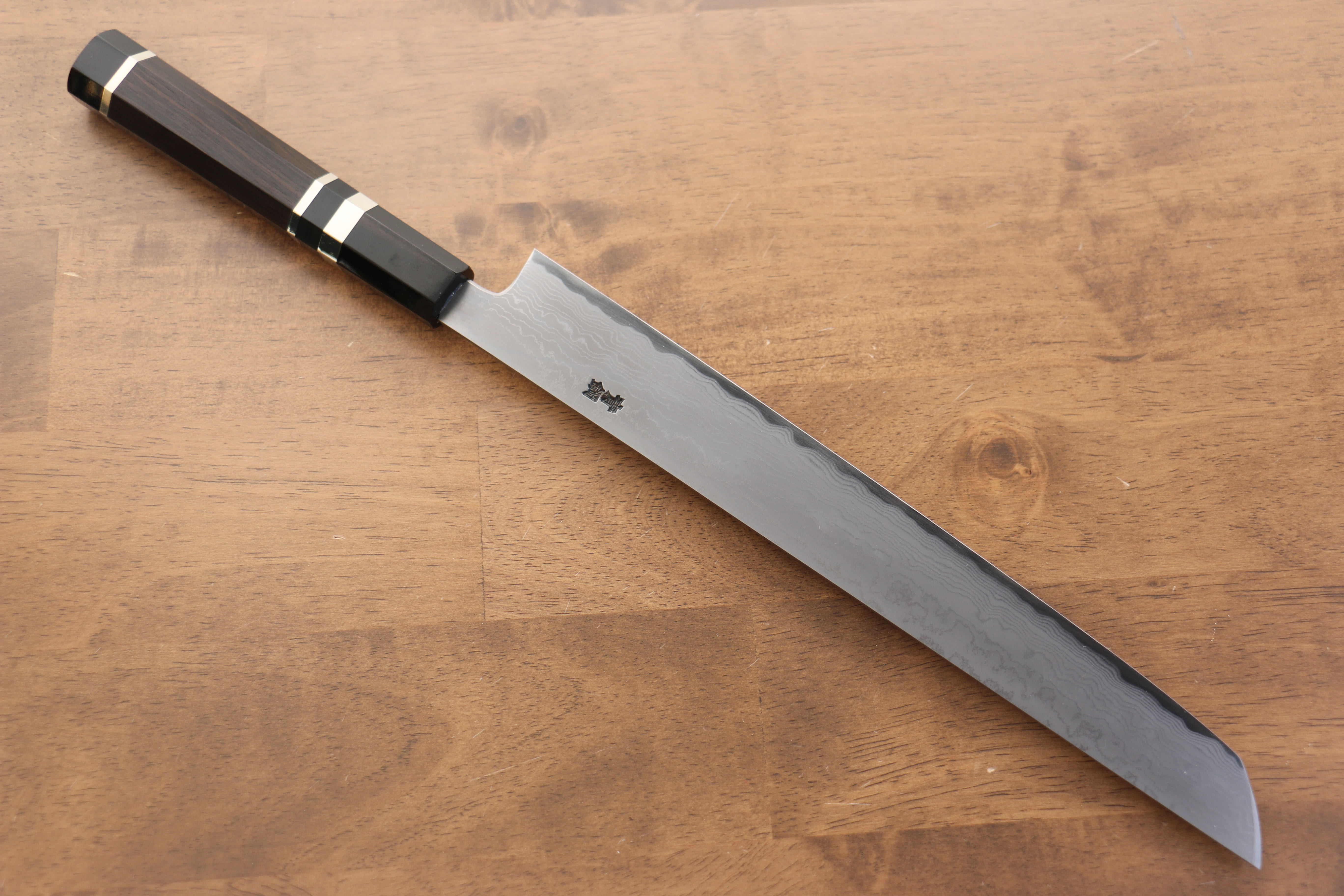 Premium Jikko Blue Steel Damascus Sakimaru Sujihiki Knife 270mm - Handcrafted Japanese Chef Knife with Ebony Wood & Double Ring Handle - Perfect for Slicing Sashimi, Meat, and Precision Cutting