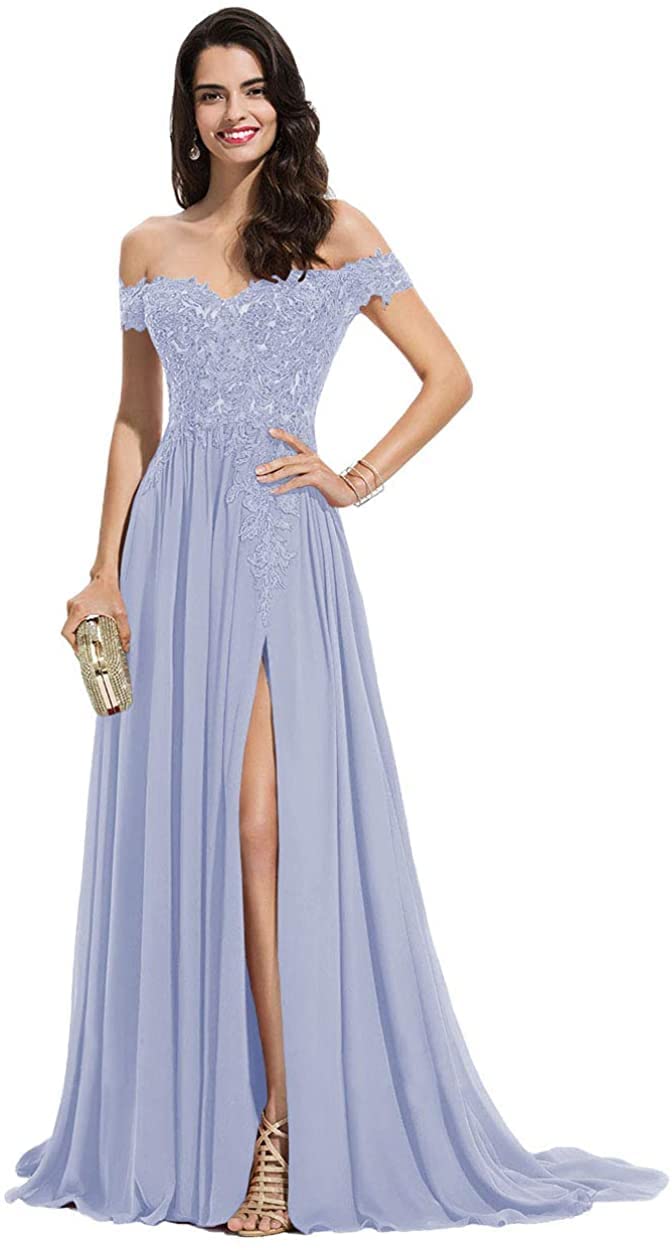 Elegant Chiffon Off Shoulder Prom Dress with High Slit & Lace Applique - Women's Formal Evening Party Gown for Homecoming, Wedding Guest, or Special Occasions