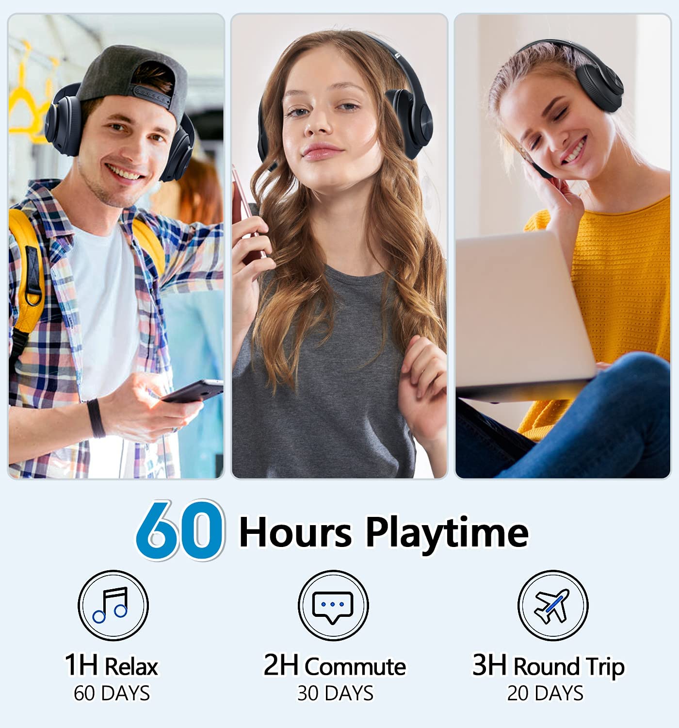 Premium Wireless Bluetooth Over-Ear Headphones - 60H Playtime, Hi-Fi Stereo, Deep Bass, 6 EQ Modes, Foldable & Lightweight Design with Mic, FM, SD/TF Card Support - Perfect for Travel, Workouts, Gaming & Home Entertainment