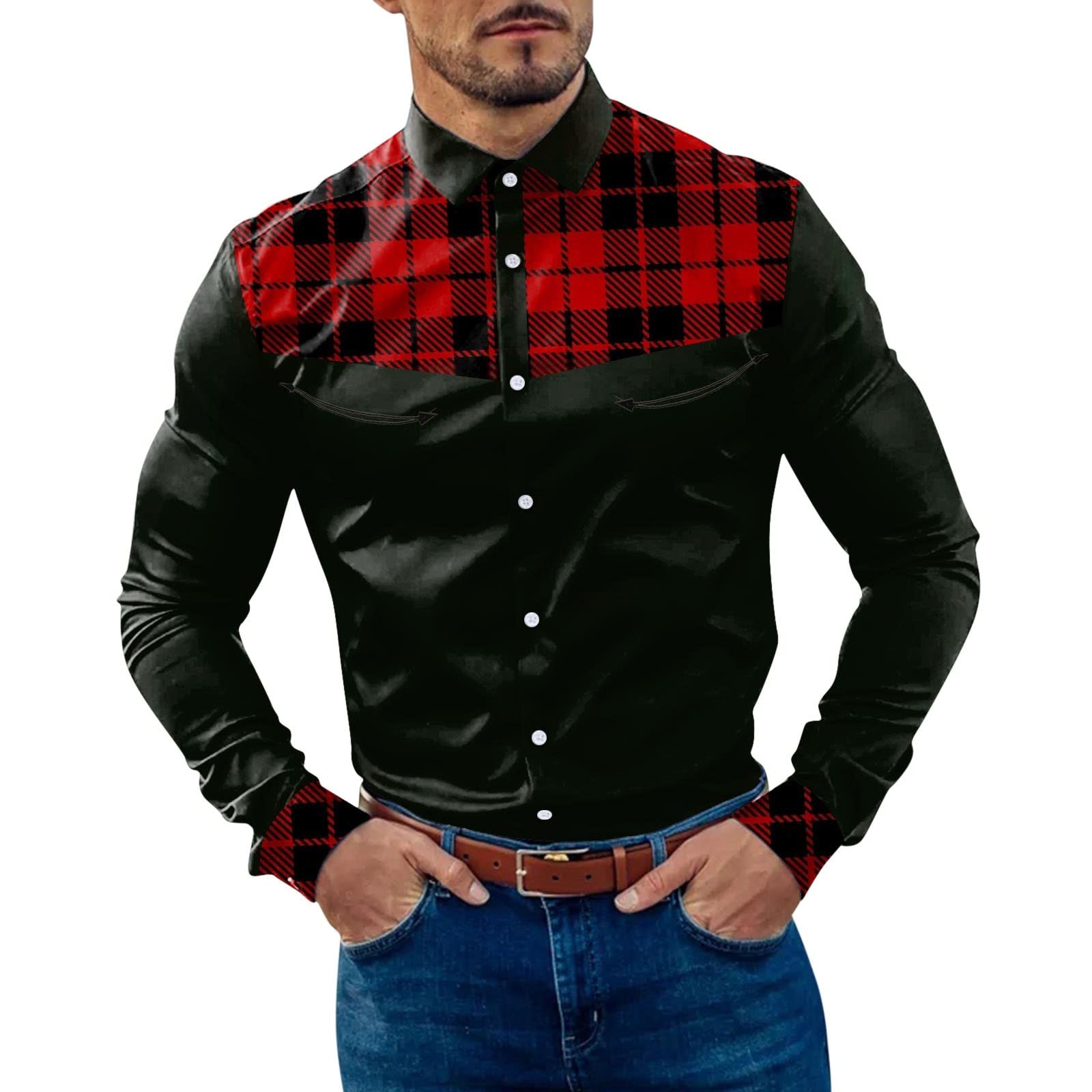 Men's Plaid Patchwork Long Sleeve Shirt - Casual Style for Work & Outings