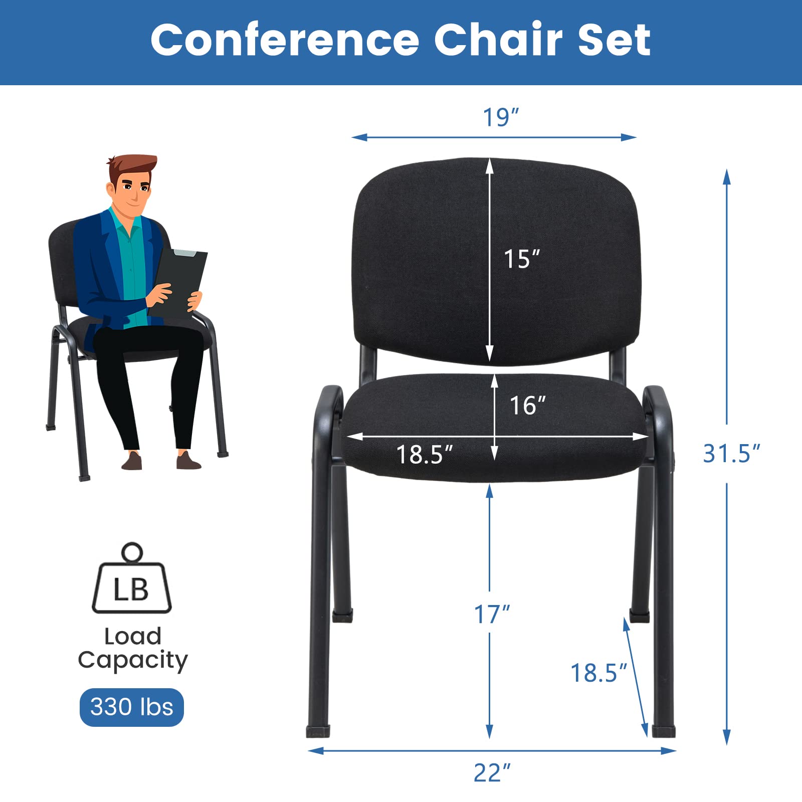 Stackable Metal Frame Waiting Room Chairs with Padded Cushion - 5-Pack Ergonomic Conference Chairs for Office, Reception, Events & Meetings - Durable Guest Seating Solution for High-Traffic Areas