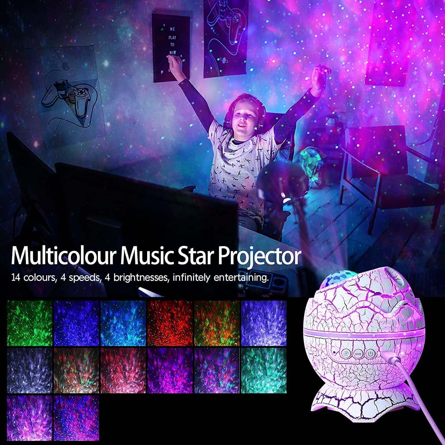 Dinosaur Egg Galaxy Star Projector Night Light with Wireless Music Player, White Noise, Nebula Effect, Timer & Remote Control - Perfect for Kids & Adults Bedroom, Nursery Decor, Relaxation & Sleep Aid