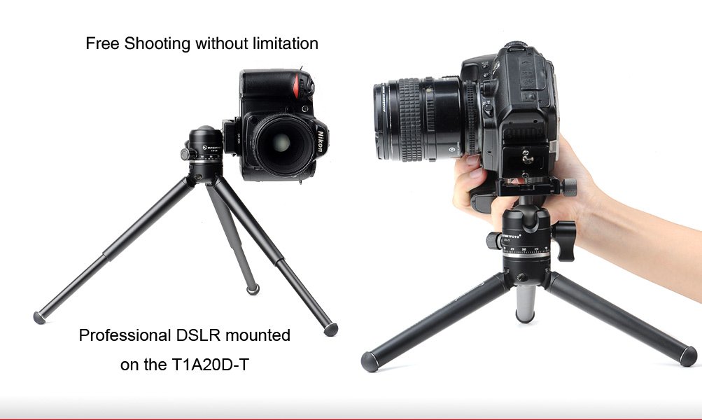 SUNWAYFOTO T1A20D-T Compact Aluminum Tabletop Tripod with XB-28 Low Profile Ball Head - 2-Section Adjustable Mini Tripod for DSLR Camera, Smartphone, Webcam - Perfect for Travel, Vlogging, Home Office & Desktop Photography