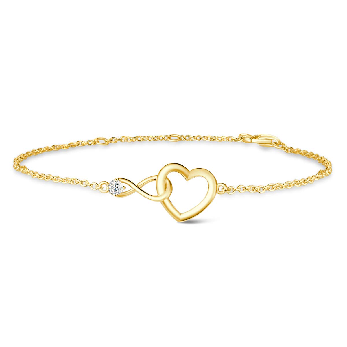 14K Solid Gold Infinity Love Heart Bracelet with Moissanite - Adjustable Chain 6.7+1.2