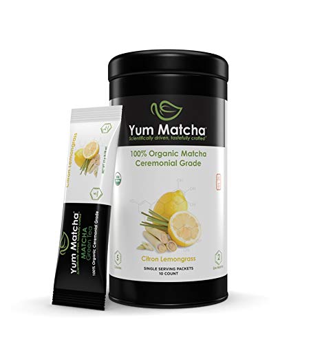 Organic Yum Matcha Green Tea with Citron Lemongrass Flavor - 10 Single Serve Packets in Tin Can | Perfect for Office, Travel & Healthy Lifestyle