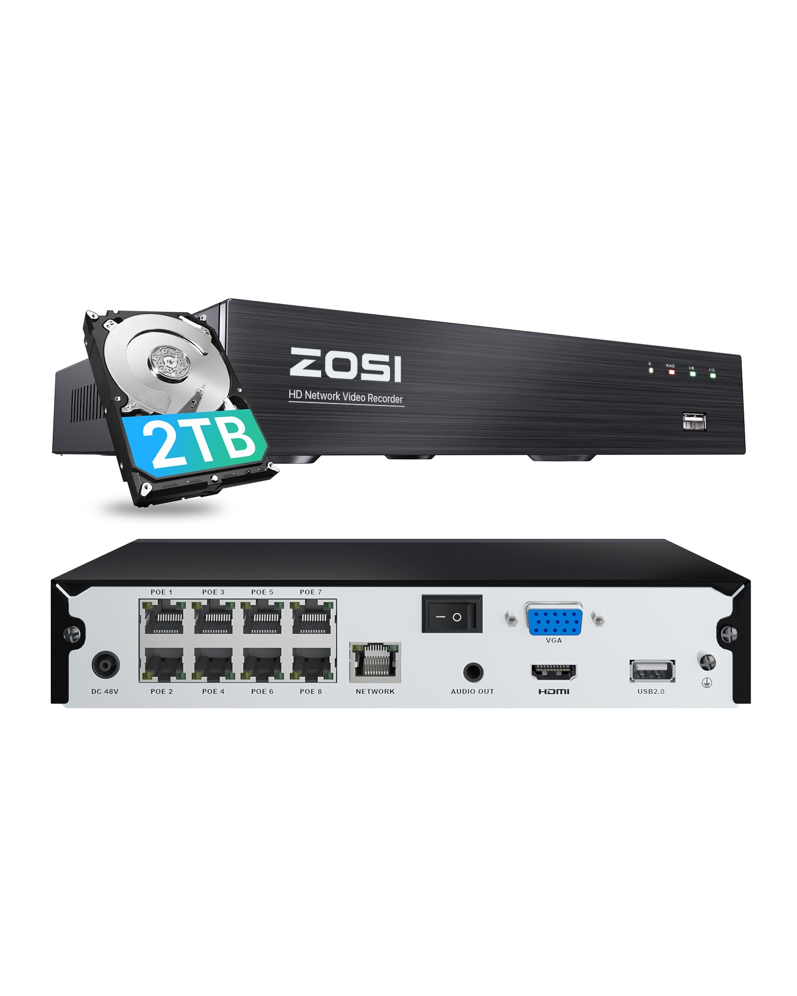 ZOSI 4K 8CH PoE NVR Security System with 2TB HDD - 8MP Network Video Recorder, H.265+ Compression, 24/7 Recording - Compatible with 4K/5MP/3MP ZOSI PoE Cameras - Ideal for Home & Business Surveillance, Smart Security Monitoring