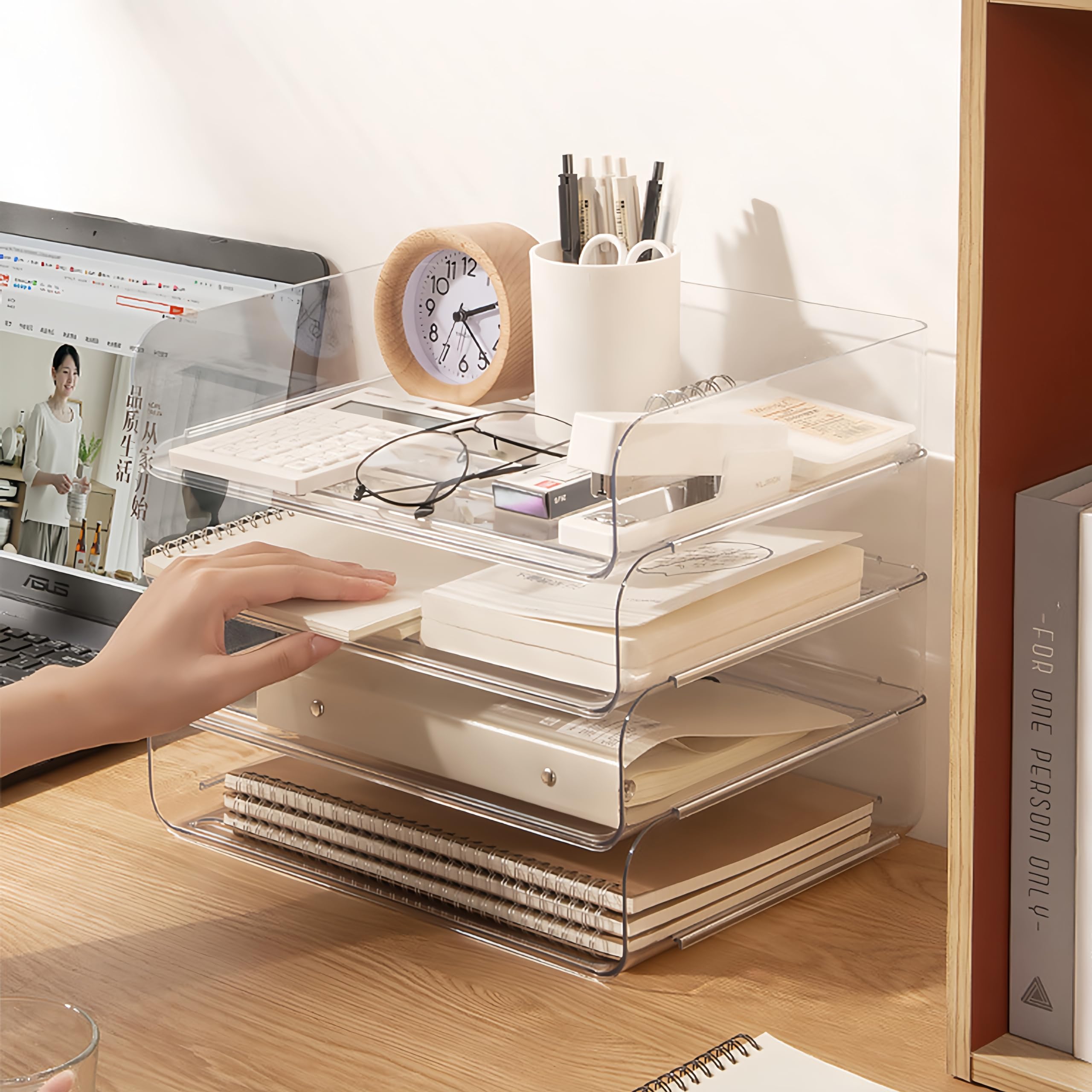 Stackable Clear Desk Organizer - 4 x Wide Entry Letter Tray for Office Paper, Files & Books Storage | Perfect for Home Office, School & Workspace Organization