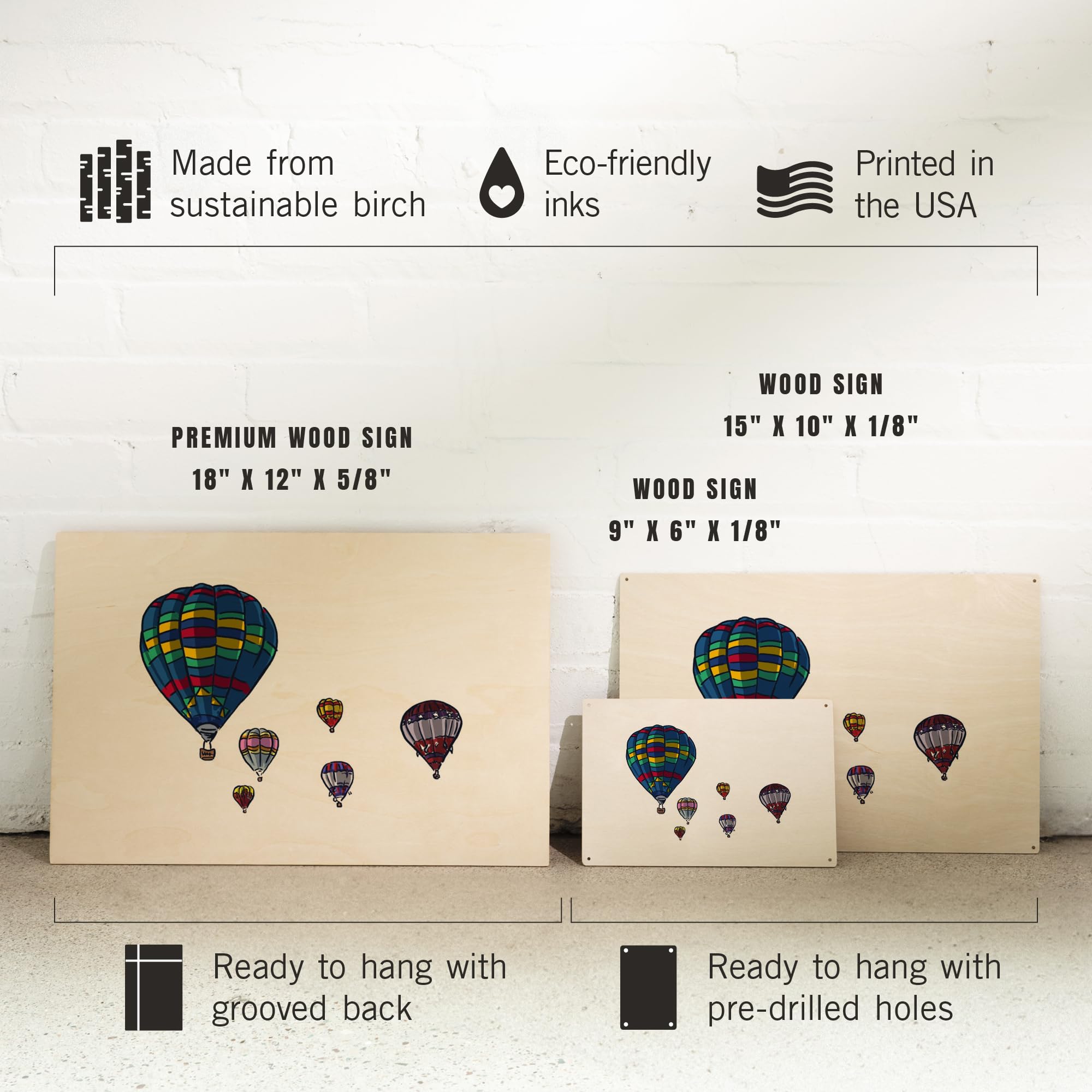 Lantern Press 12x18 Inch Premium Wood Wall Art Sign - Hot Air Balloon Decor - Ready to Hang Home & Office Decoration - Perfect for Living Room, Bedroom, Nursery or Gift