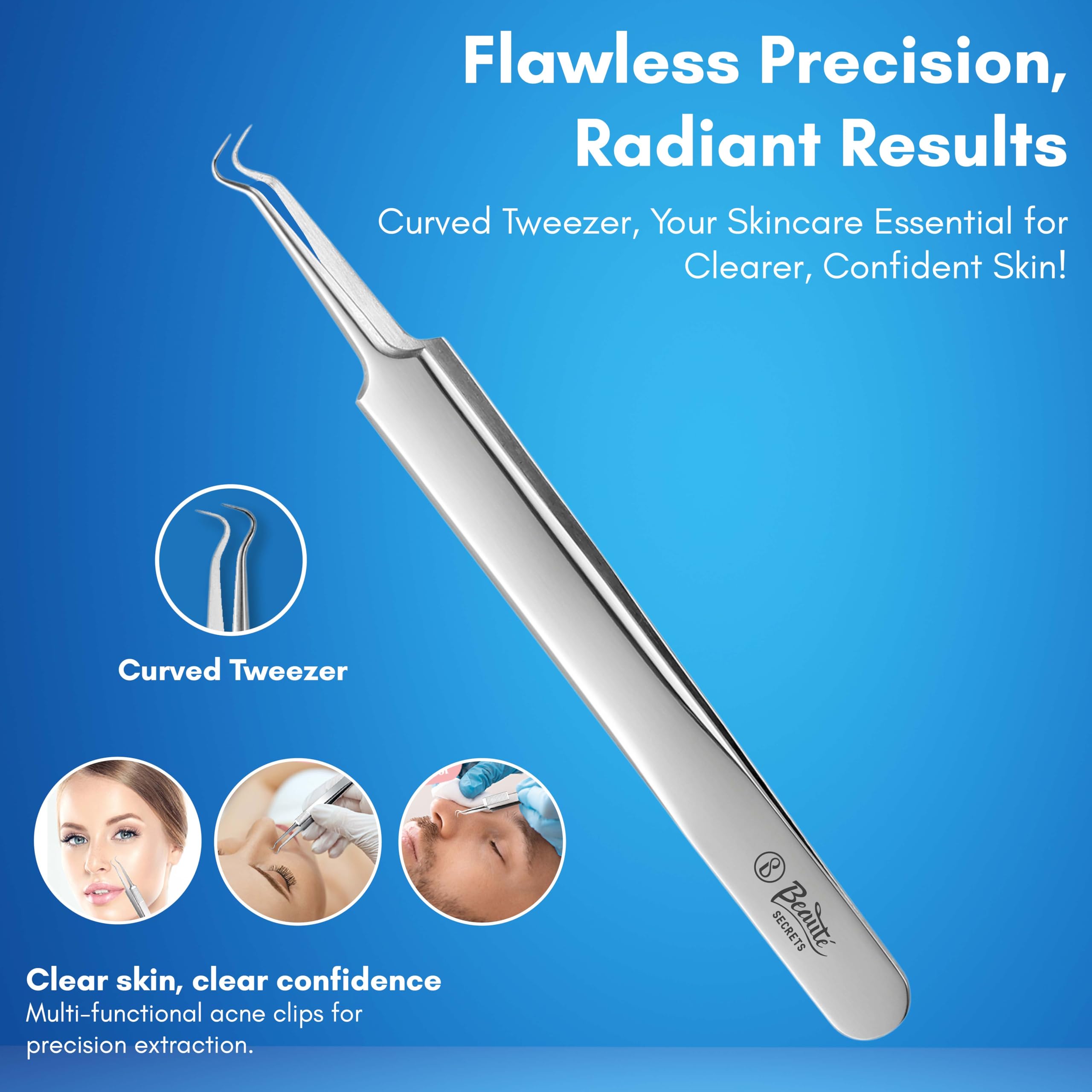 Beauté Secrets Acne Extractor Kit - Professional Blackhead Tweezers & Pimple Popper Tool Set for Ingrown Hair & Facial Impurities Removal - Perfect for Home Skincare & Spa Treatments