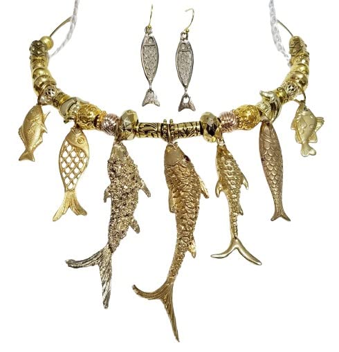 Vintage Gold Fish Necklace & Earrings Set - Unique Handmade Jewelry by Claire Kern Creations - Perfect for Boho Fashion, Beach Parties & Gift Giving