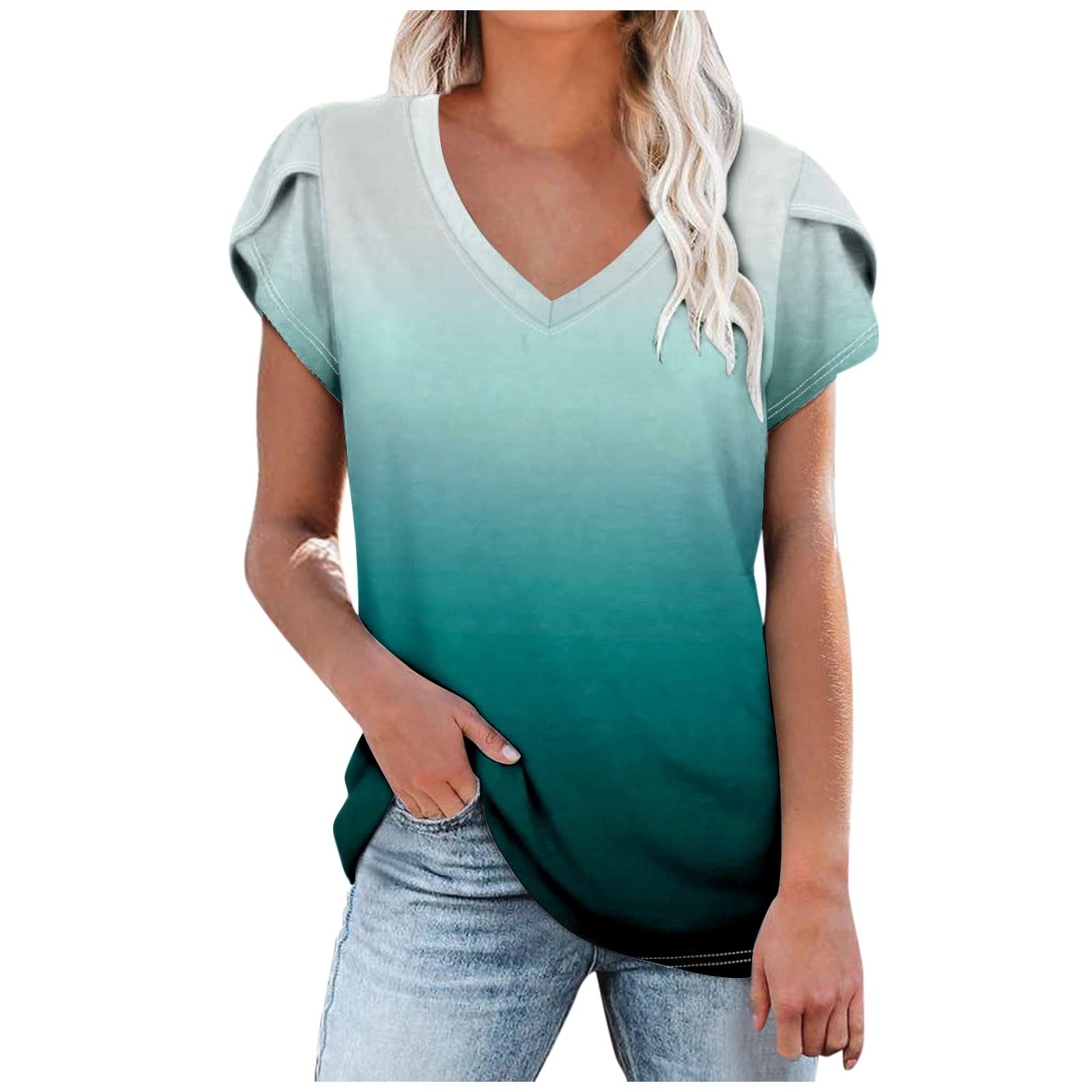 Women's Summer Tops - Gradient Color V-Neck Loose Fit Blouse with Petal Sleeves | Casual T-Shirts for Women | Perfect for Beach Outings, Vacation Wear & Everyday Comfort