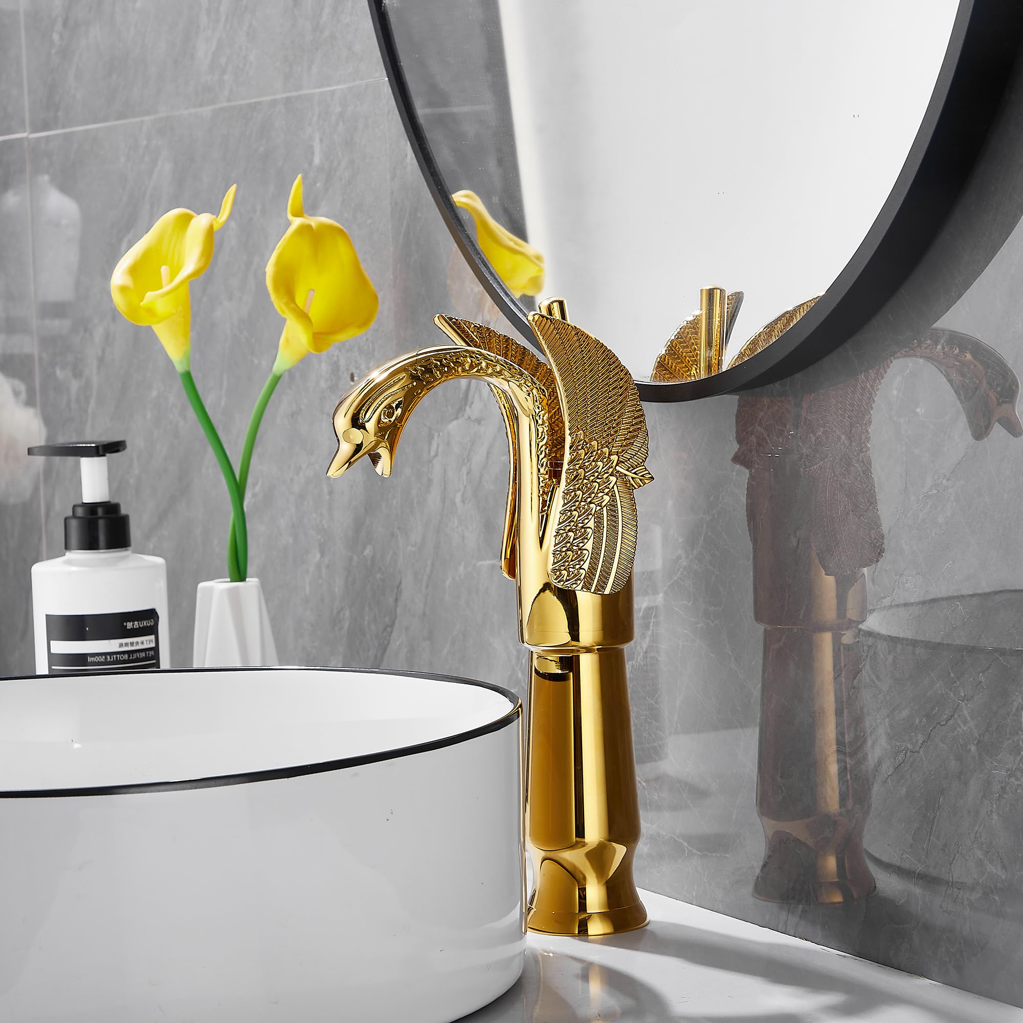 GGStudy Gold Swan Shape Single Handle Deck Mount Bathroom Vessel Sink Faucet - Elegant One Hole Lavatory Faucet for Modern Vanity & Powder Room Decor