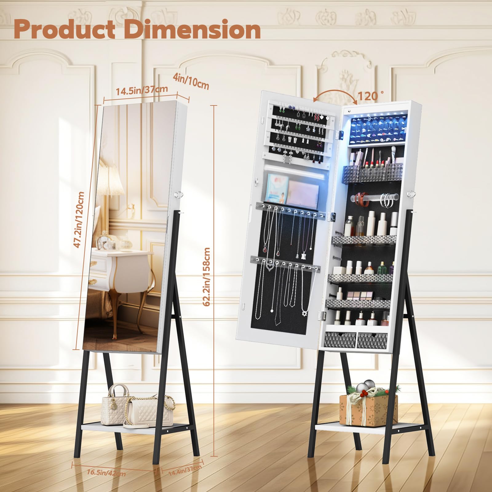 Full Length LED Mirror Jewelry Cabinet with Storage - Lockable Makeup Armoire with 2 Drawers, Large Cosmetic Organizer for Bedroom & Bathroom (White) - Perfect for Vanity, Dressing Room & Closet Organization