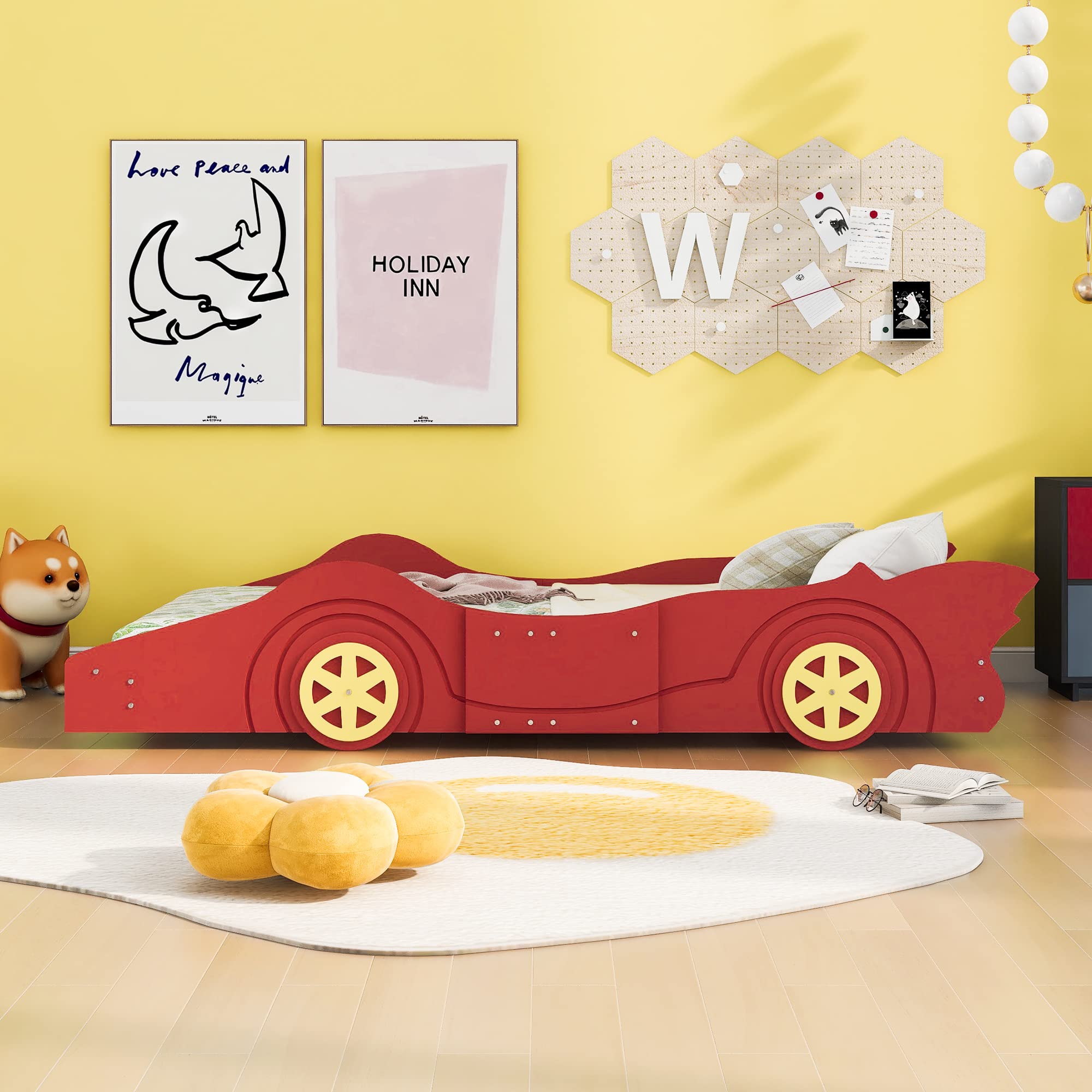 P PURLOVE Twin Size Race Car-Shaped Platform Bed with Wheels & Slats - Sturdy Wood Floor Bed Frame for Kids, Boys & Girls - Perfect for Bedrooms, Playrooms & Themed Kids' Rooms