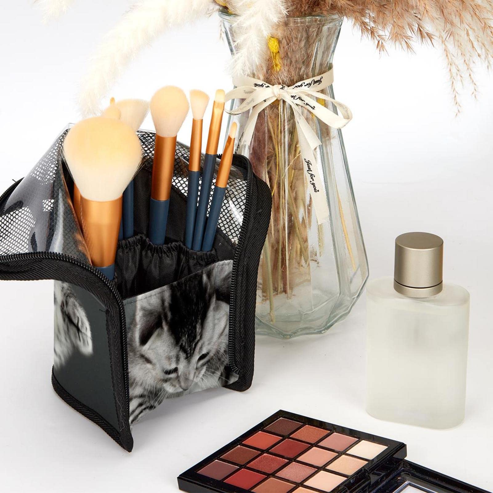 Premium Makeup Brush Organizer Bag with 12 Slots, Mirror & Cute Cat Design - Portable Cosmetic Brush Holder Case for Travel, Home Vanity & Professional Makeup Artists