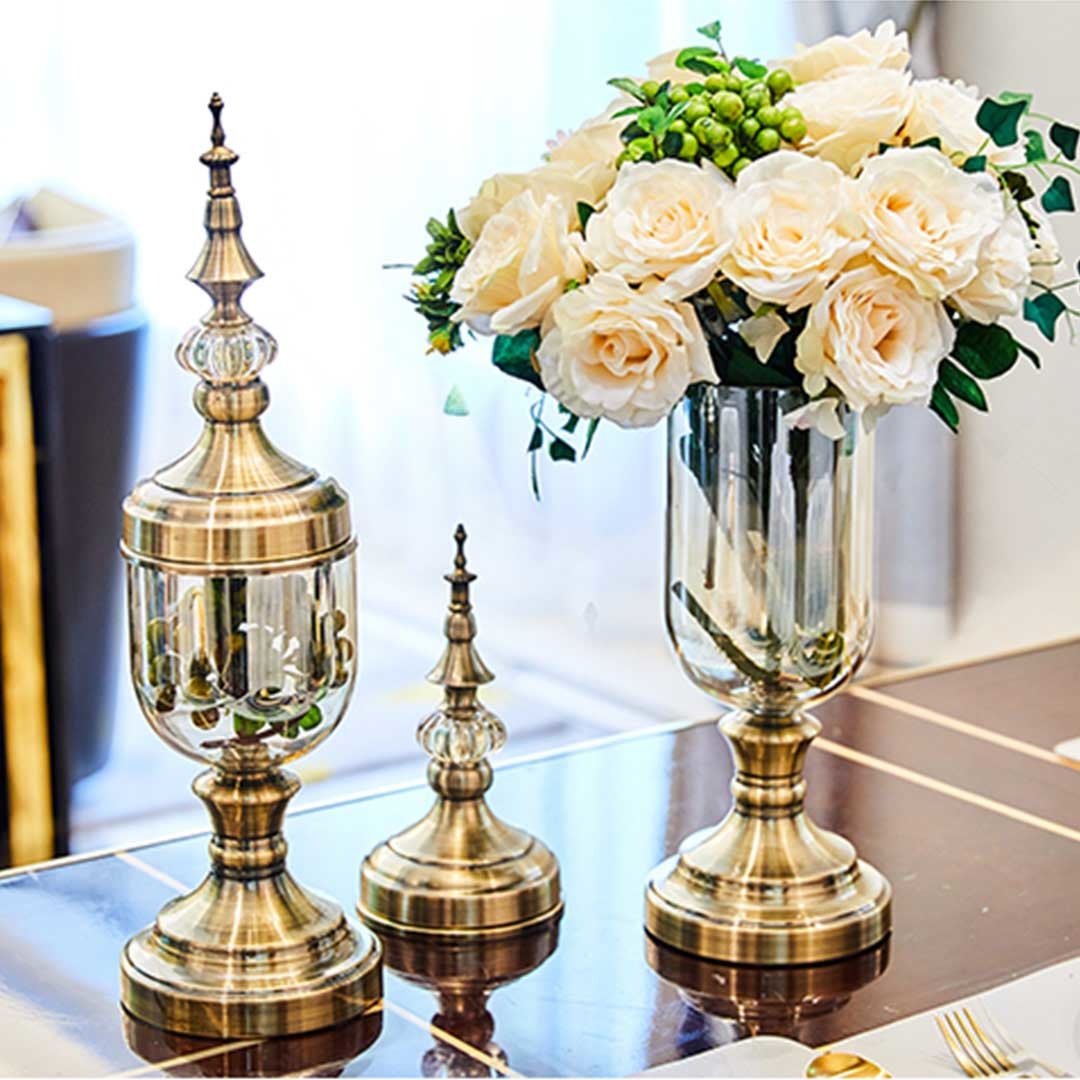 2X Clear Glass Flower Vase with Lid - Elegant White Flower Filler & Bronze Accent Set for Home Decor, Wedding Centerpieces, and Tabletop Arrangements