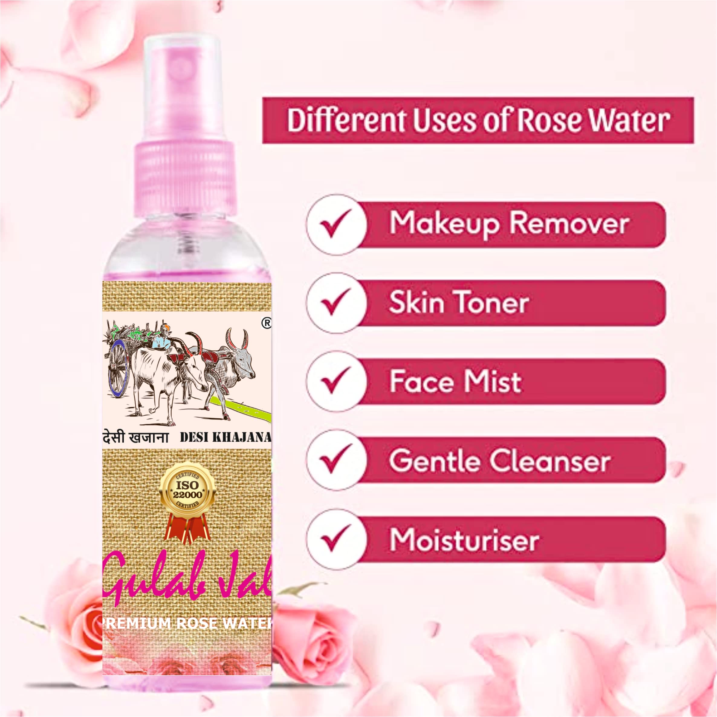 Desi Khajana Pure & Natural Rose Water Mist Spray - 100ml (Set of 3) | Steam Distilled Organic Rosewater from India | Skin Toner, Face Hydration & Eye Wash | Perfect for Skincare Routine, Aromatherapy & Home Spa