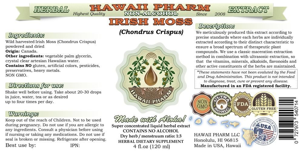 Irish Moss Alcohol-Free Liquid Extract (Chondrus Crispus) | Natural Herbal Supplement by Hawaii Pharm | 4x4 oz | Supports Immune Health & Digestion | Perfect for Smoothies, Teas & Wellness Routines
