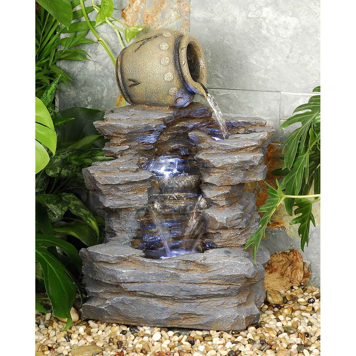 LED Light Water Fountain - Spilling Jug Rock Fountain for Garden, Patio, Yard | Outdoor Decorative Water Feature with Relaxing Sounds for Meditation & Backyard Landscaping