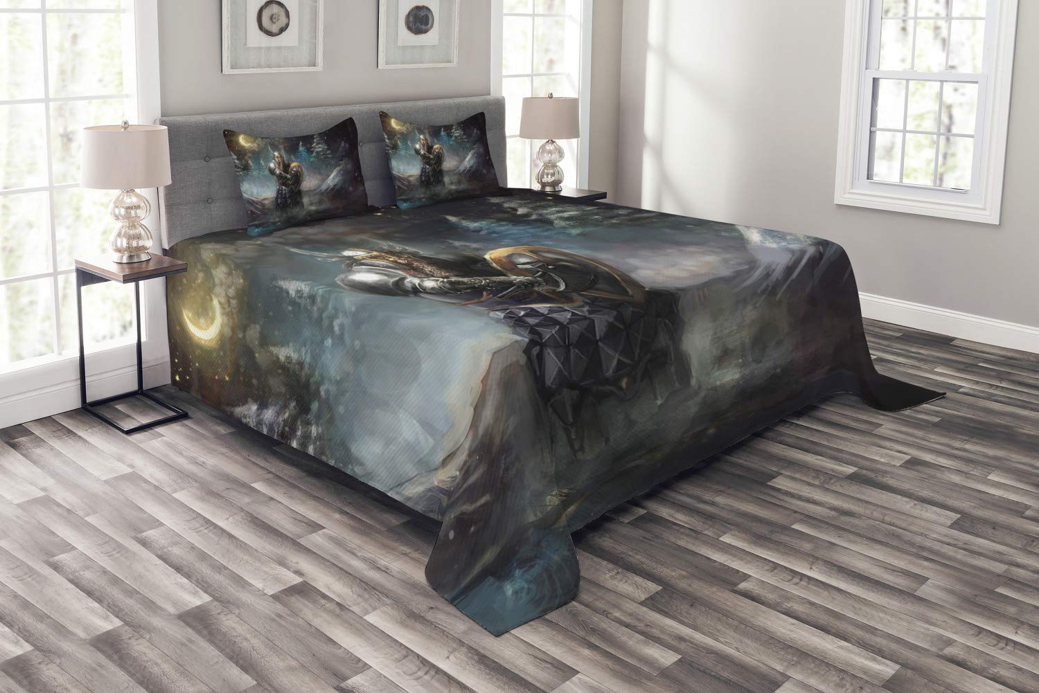 Ambesonne Medieval Dwarf Knight Fantasy Bedspread Set - Gothic Shield Design in Mysterious Forest - 3-Piece King Size Bedding Coverlet with 2 Pillow Shams - Multicolor - Perfect for Gothic, Fantasy & Medieval Themed Bedrooms