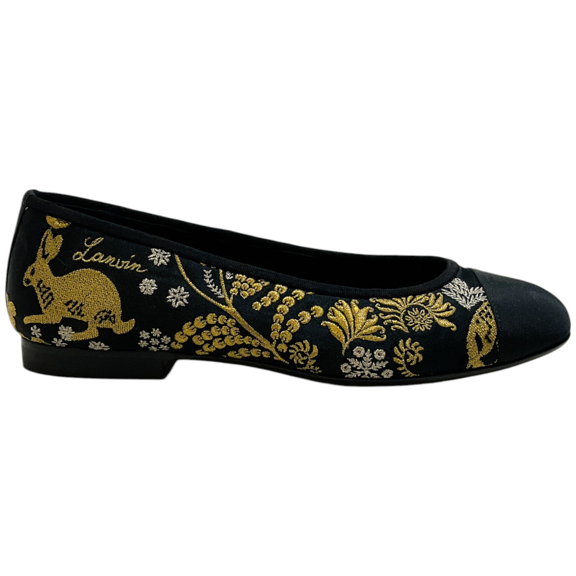 Lanvin Women's Black & Gold Embroidered Cap Toe Ballet Flats - Elegant Dress Shoes for Weddings, Parties & Office Wear