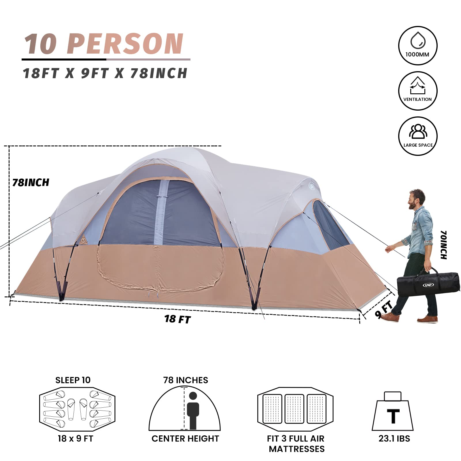 UNP 10-Person Camping Tent - Family & Festival Shelter with 5 Mesh Windows, Double Layer, 2 Rooms, Waterproof & Weather Resistant (18'x9'x78