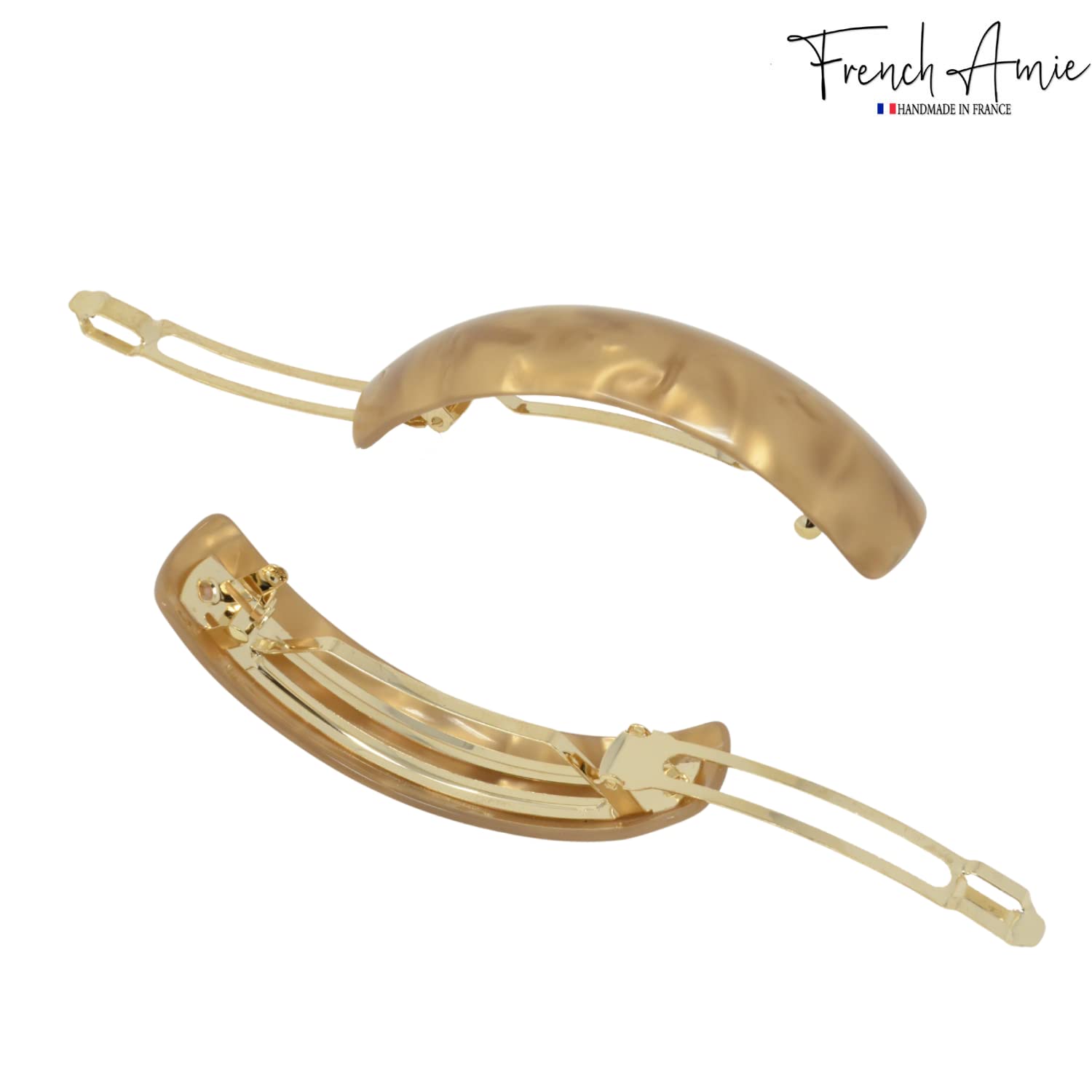 French Amie Curved Oblong Large Celluloid Acetate Handmade Volume Hair Clips - No Slip Fashion Hair Accessories for Women & Girls - Glossy Golden Barrette Made in France - Perfect for Weddings, Parties & Everyday Styling