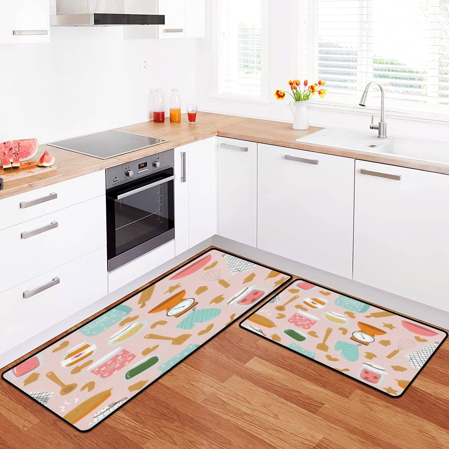 Retro Style Hand Drawn Kitchen Rugs Set - Non-Slip Washable Floor Mats with Cute Doodle Designs - Perfect for Kitchen Runner, Doormat, Bath Rug & Comfortable Standing Decor