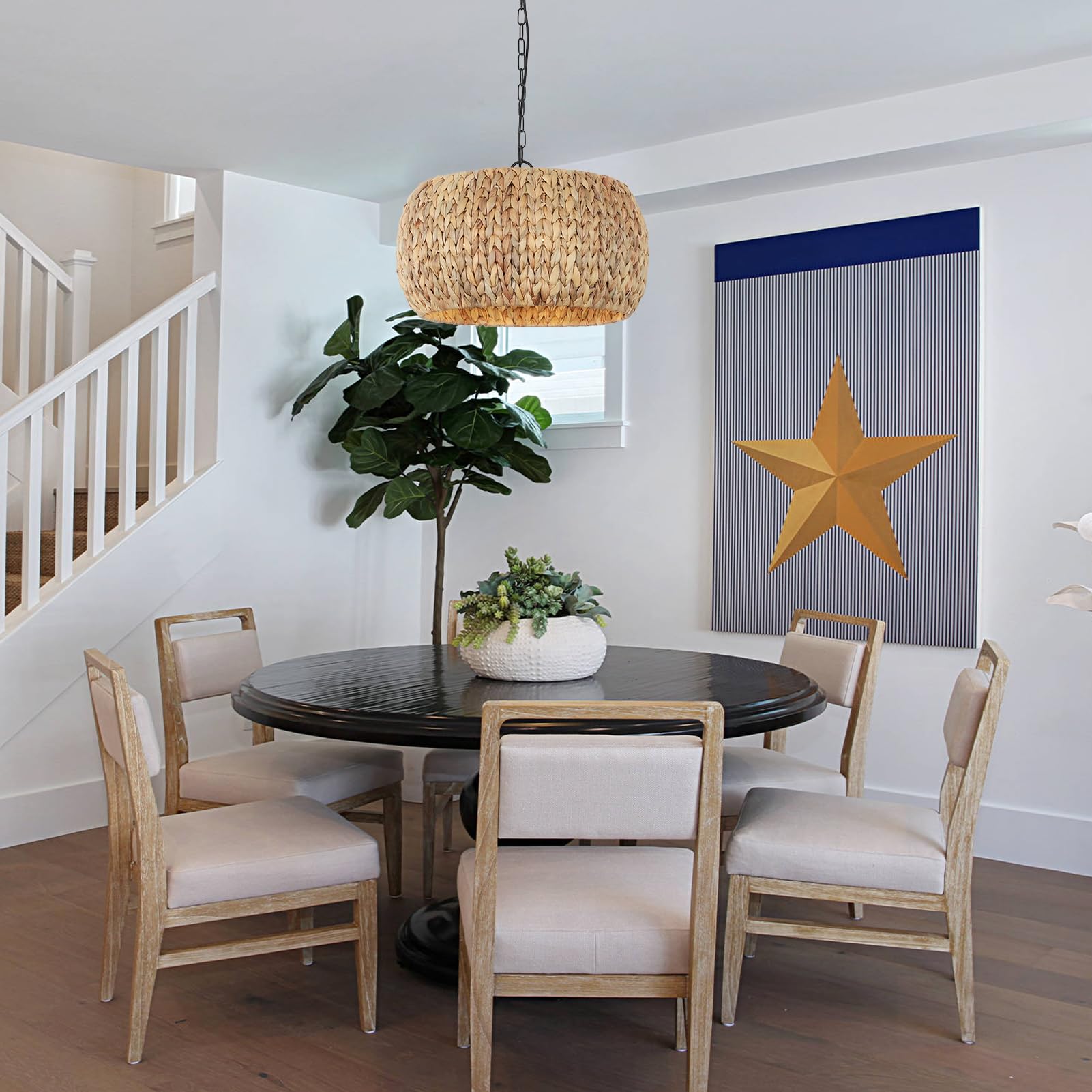 Rustic Farmhouse Boho Chandelier - 5-Light Rattan Pendant Light with Natural Water Hyacinth Lampshade - Perfect for Dining Room, Kitchen Island Lighting, Bedroom & Living Room Decor - Creates Cozy Boho Ambiance for Home & Cafe