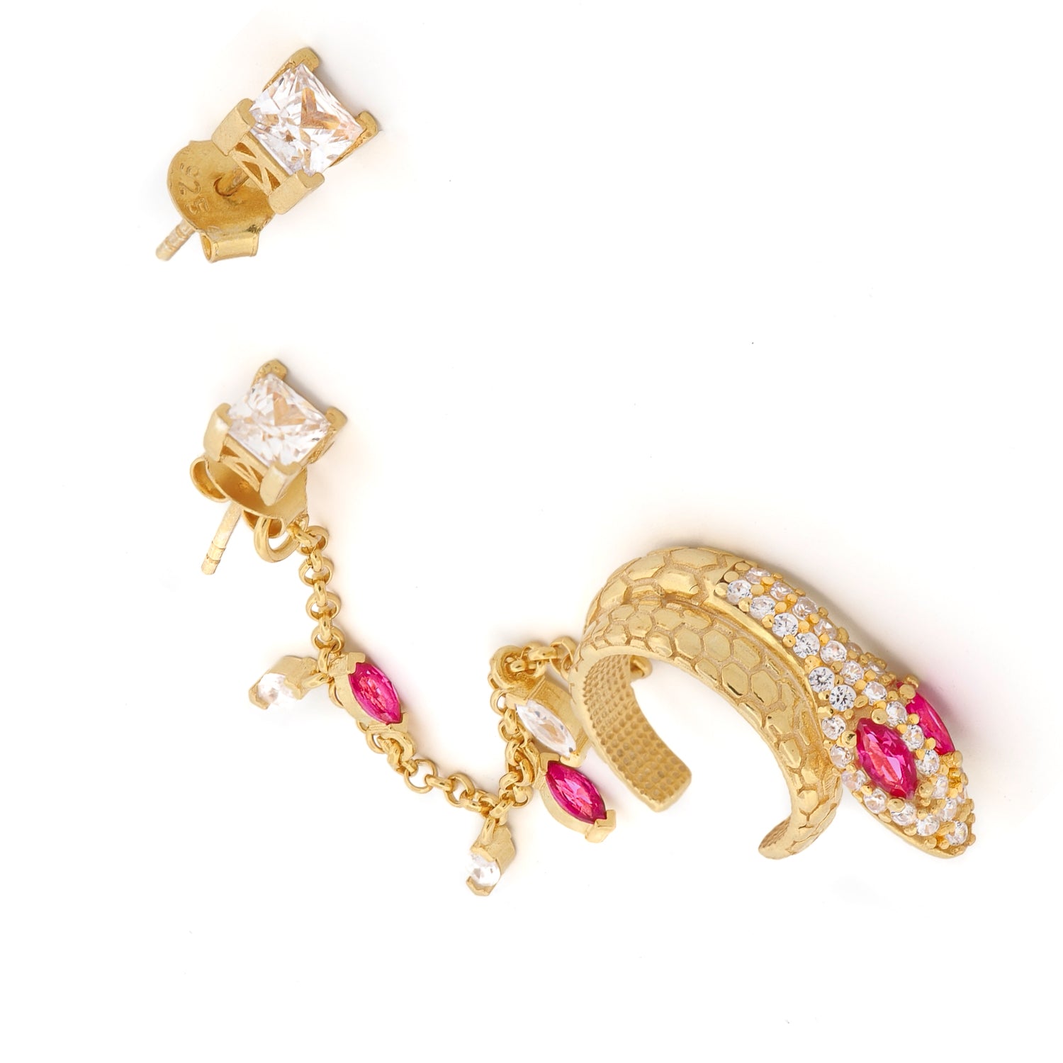 Exquisite Diamond & Ruby Snake Cuff Stud Earrings in Gold - Unique Fashion Jewelry for Women - Perfect for Parties, Weddings & Special Occasions
