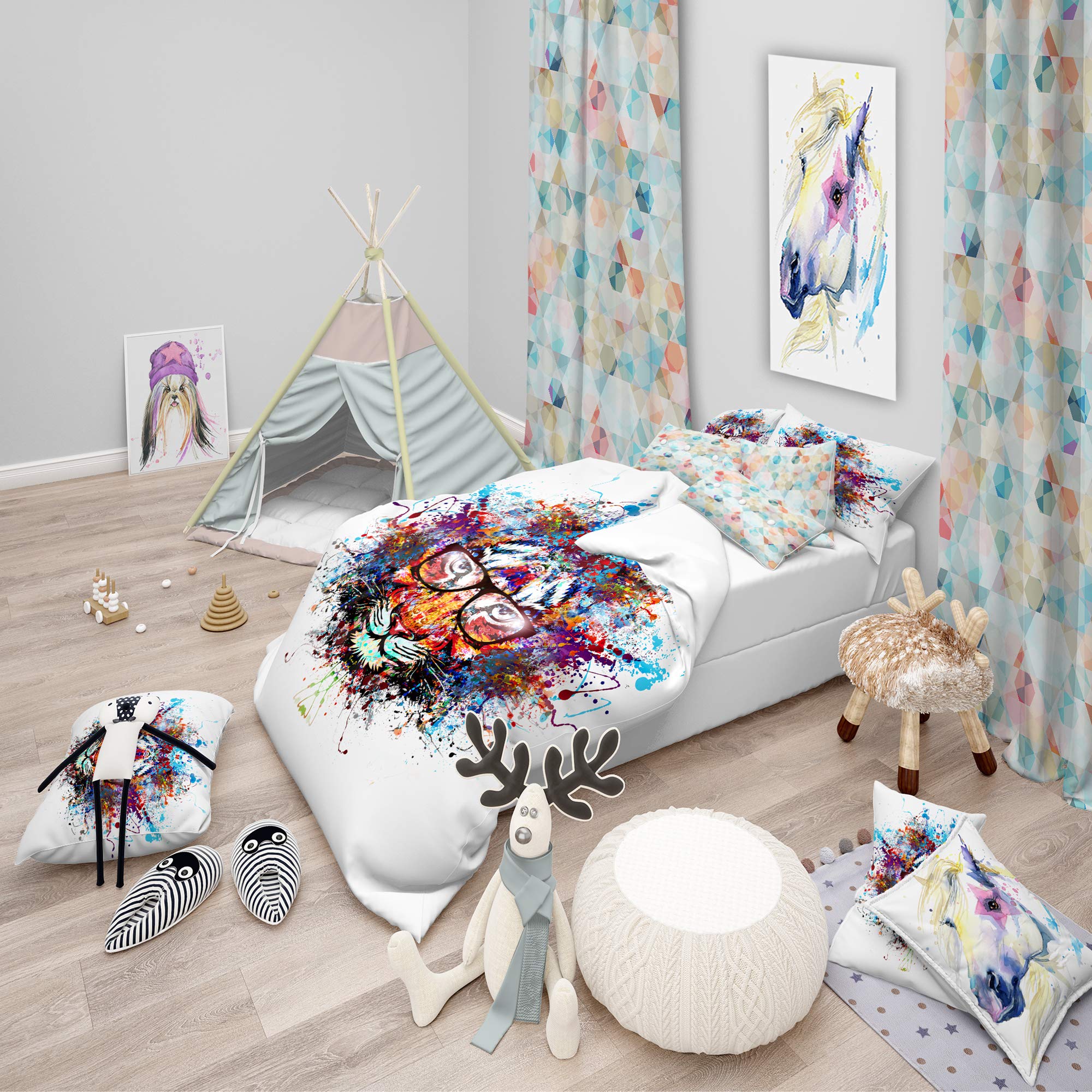 DesignQ Traditional Tiger in Glasses Duvet Cover Set - Queen Size 3-Piece Animal Print Bedding (Duvet Cover + 2 Pillow Shams) - All Season White Cotton Comforter Cover for Home, Bedroom Decor & Guest Room