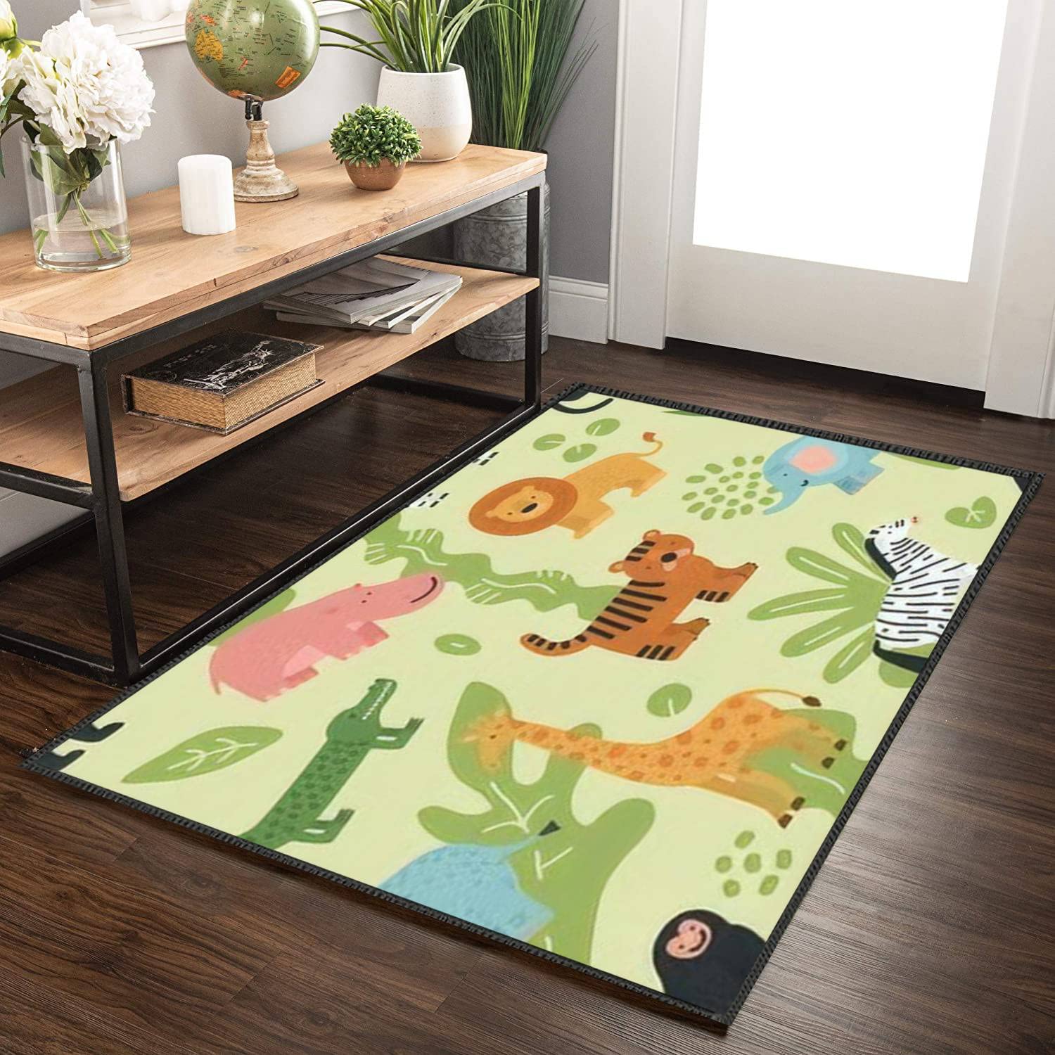 Non-Slip Washable Area Rugs for Living Room, Bedroom, Nursery - Jungle Animal Print with Lion, Crocodile, Zebra, Elephant, Monkey & Hippo Designs - Indoor/Outdoor Floor Mats for Home Decoration, Door Entrance & Play Areas